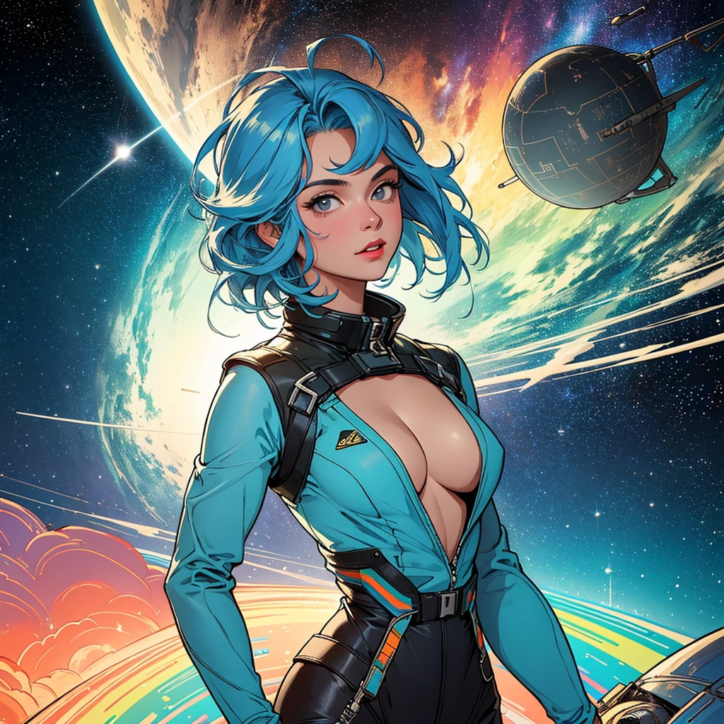 (((32k))),(((highest quality))),(Perfect One Woman),60's,70's,80's,old movie posters,retro,vintage,bauhaus,abstract,Space Thriller Movie Poster,Futuristic,shape,OK,cosmos,galaxy,satellite,mechanical,Geometric pattern,meteor,meteorite,planet,very delicate,宇宙飛OK士,Milky Way,big breasts,cleavage,rainbow,aurora,
