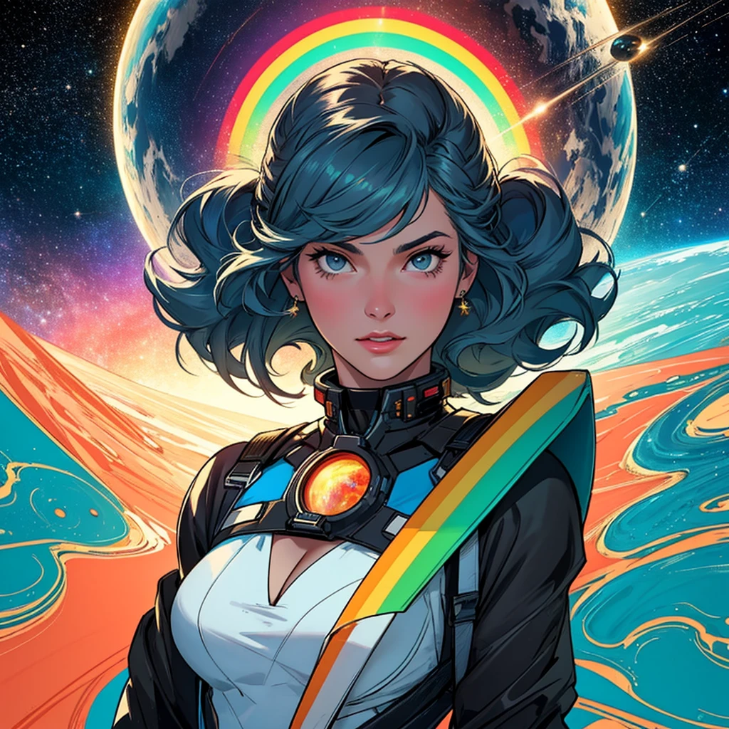 (((32k))),(((highest quality))),(Perfect One Woman),60's,70's,80's,old movie posters,retro,vintage,bauhaus,abstract,Space Thriller Movie Poster,Futuristic,shape,OK,cosmos,galaxy,satellite,mechanical,Geometric pattern,meteor,meteorite,planet,very delicate,宇宙飛OK士,Milky Way,big breasts,cleavage,rainbow,aurora,