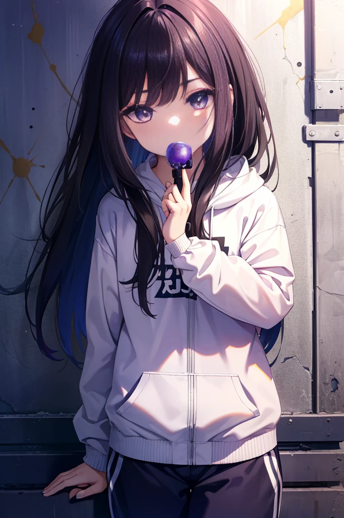 Takiinoue, Takina Inoue, long hair, bangs, black hair, (purple eyes:1.2),long straight hair,Blue hoodie,plus size long pants,brown high cut sneakers,Under the bridge,sitting leaning against the wall,blowing bubblegum,graffiti wall,
break looking at viewer, (cowboy shot:1.5),
break (masterpiece:1.2), highest quality, High resolution, unity 8k wallpaper, (figure:0.8), (beautiful and fine eyes:1.6), highly detailed face, perfect lighting, Very detailed CG, (perfect hands, perfect anatomy),