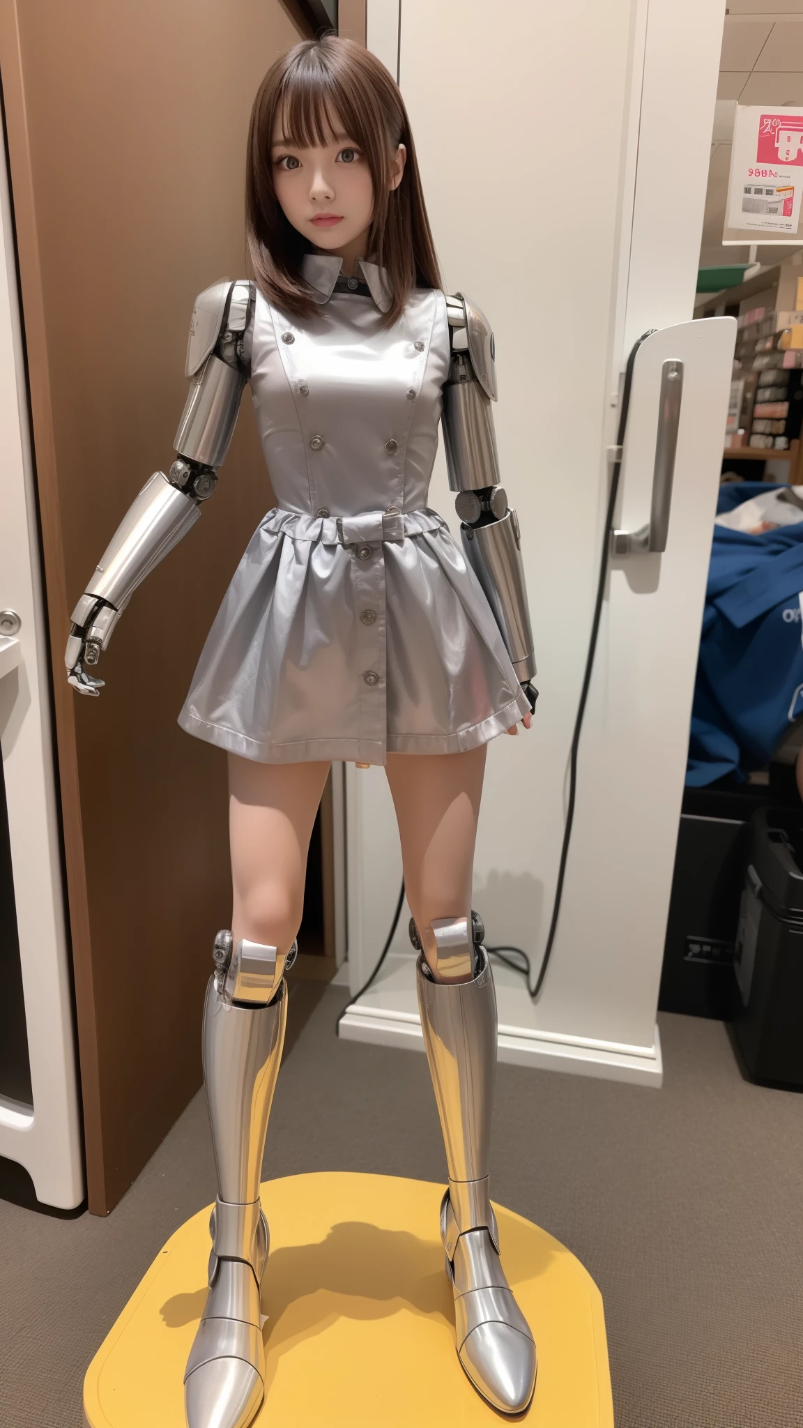 Robot Girl, pink there, Silver, Metallic body, Robot Parts, Metal Parts, Super Detailed Face, Super well-formed face, of the highest quality, a small face, a small head, Brown hair, Slender body, Camera gaze, Internal Mechanical Exposure, Idol, front facing, Well-proportioned body, sale, Exhibited, Event Hall, Moe Pose, pink metallic ta dress machine armor, Standing with legs open, Model body type, sad, Embarrassing,(Perfect Robot Girl),(Perfect machine body)