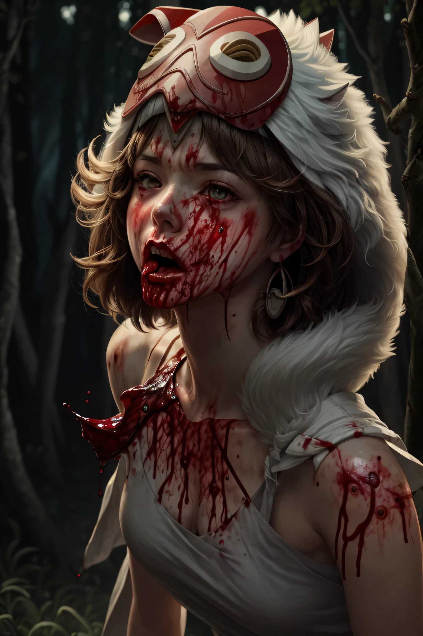 official art, unity 8k wallpaper, Super detailed, beautiful, beautiful, masterpiece, highest quality, brown hair, mononoke inspired, Switzerland, Switzerland on artstation pixiv, Switzerland on pixiv artstation, mononoke,(Blood on the mouth:1.4), Blur, (closed mouth), ((whole body)), the girl stops