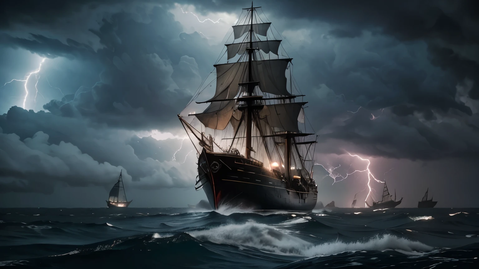 (British) sail ship full of (undead sailors), sailing through fog and storm, epic, dramatic, cinematic shot, lightning bolts hitting dreadnought 