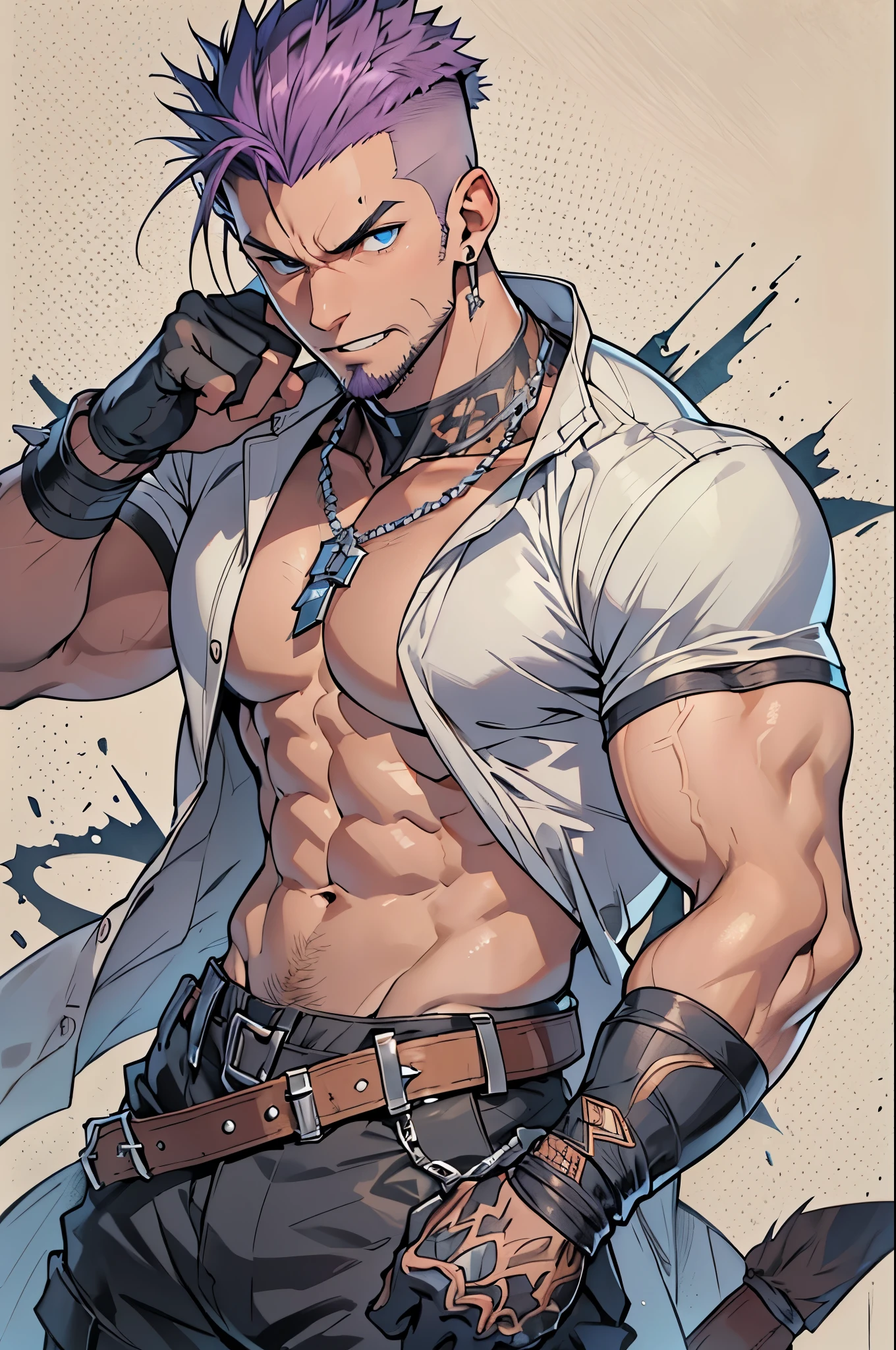 Solo, 1boy, Anime Character, matured male, Male Focus, Middle-aged man, White background, muscular male, large pectoral muscles, fit-muscled body, Square face, Brown skin, violet hair, Forehead, spiked hair, Shaved side hair, Undercut hair, Soft Mohawk, mechanic, (White Color Less Coat), Short sleeves, Cargo pants, earrings, Necklace, goatee, facial hairs, Blue eyes, (Narrow eyes), (Small eyes), (angry), Leather gloves, Ultra-detailed face, Best Quality, detailed clothes, masutepiece, grappler, (Fighting Pose), actionpose, Dynamic angles