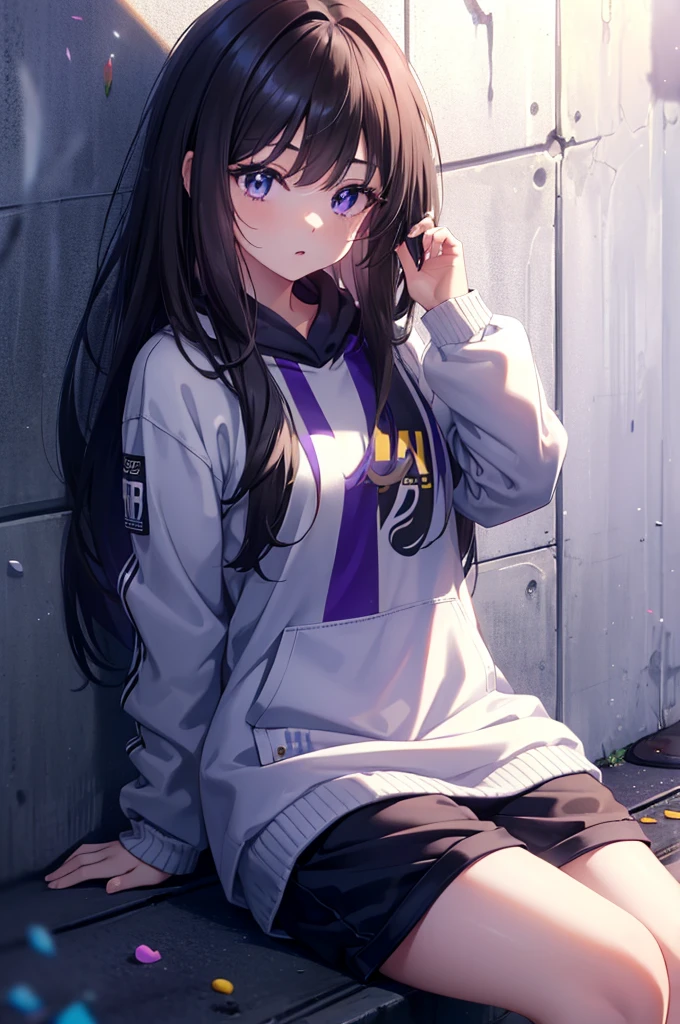 Takiinoue, Takina Inoue, long hair, bangs, black hair, (purple eyes:1.2),long straight hair,Blue hoodie,plus size long pants,brown high cut sneakers,Under the bridge,sitting leaning against the wall,blowing bubblegum,graffiti wall,
break looking at viewer, (cowboy shot:1.5),
break (masterpiece:1.2), highest quality, High resolution, unity 8k wallpaper, (figure:0.8), (beautiful and fine eyes:1.6), highly detailed face, perfect lighting, Very detailed CG, (perfect hands, perfect anatomy),