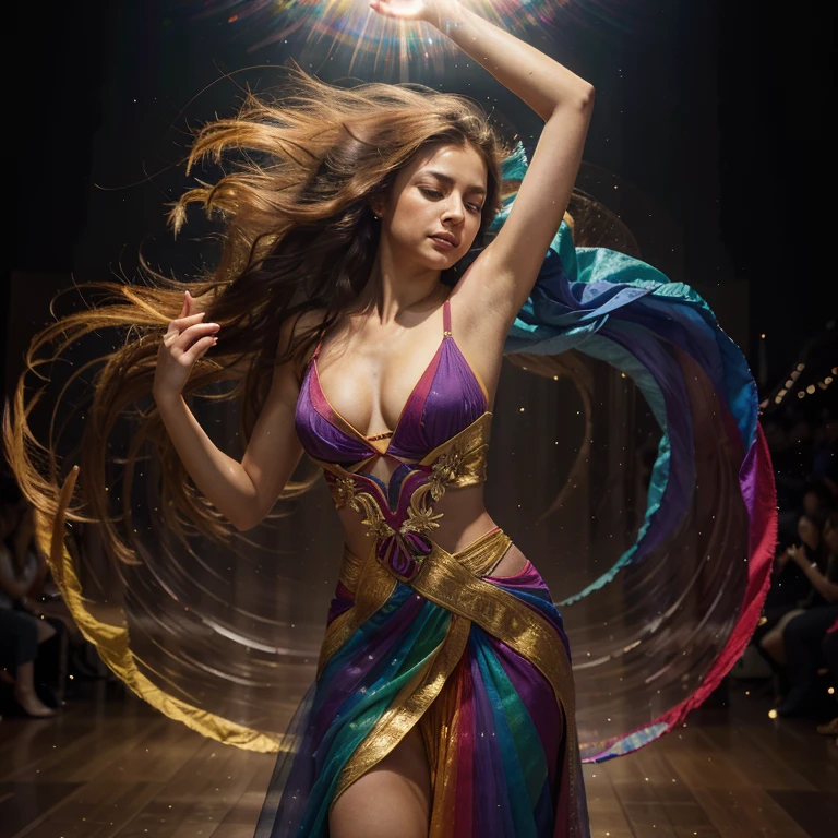 Behold, a vision of a dancer, her lithe form exuding a symphony of elegance and vigor. She is adorned in a resplendent gown, a kaleidoscope of hues cascading in a fluid cascade of colors, from the deepest scarlet to the brightest golds, transitioning through every shade of the rainbow. The fabric of her dress seems to be in constant motion, almost liquid, as if she were enveloped in a vibrant mist. Her hair, light and airy, flows in the breeze of her movements. Against the stark black background, the colors of her gown burst forth like a supernova, emphasizing the dynamism of her expression and the flow of her emotions. This image captures the exquisite beauty of motion and the artistry of dance, creating a visual experience that is both mesmerizing and enchanting.