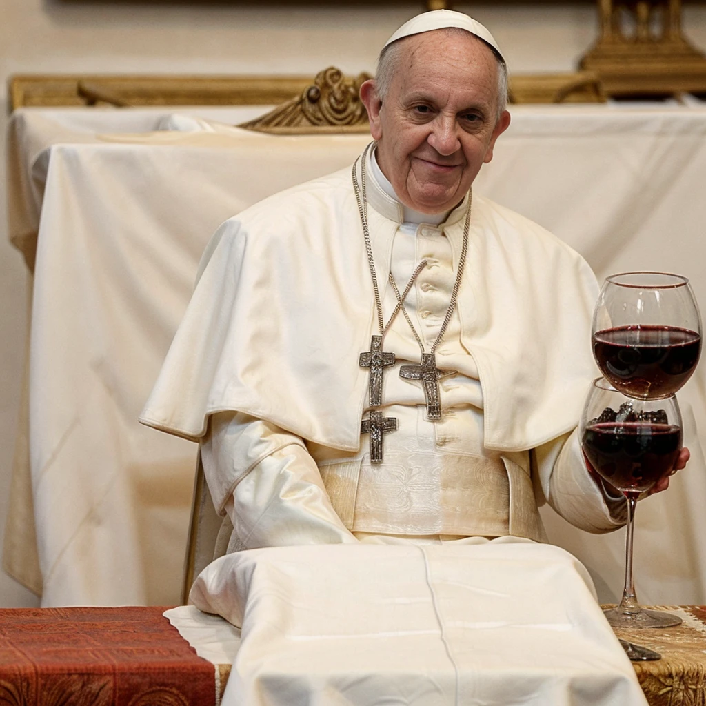 view from afar, wide shot from above, wide-angle, drunken Pope Francis laying on an altar. (white tablecloth stained with red wine), A glass of wine overturned on the embroidered tablecloth placed on the altar. ((imperfect skin)), open mouth, saliva trail, closed eyes, (ultra detailed skin texture, ultra detailed nose, real skin pores). Photorealistic shot. EdobPopeFrancis
