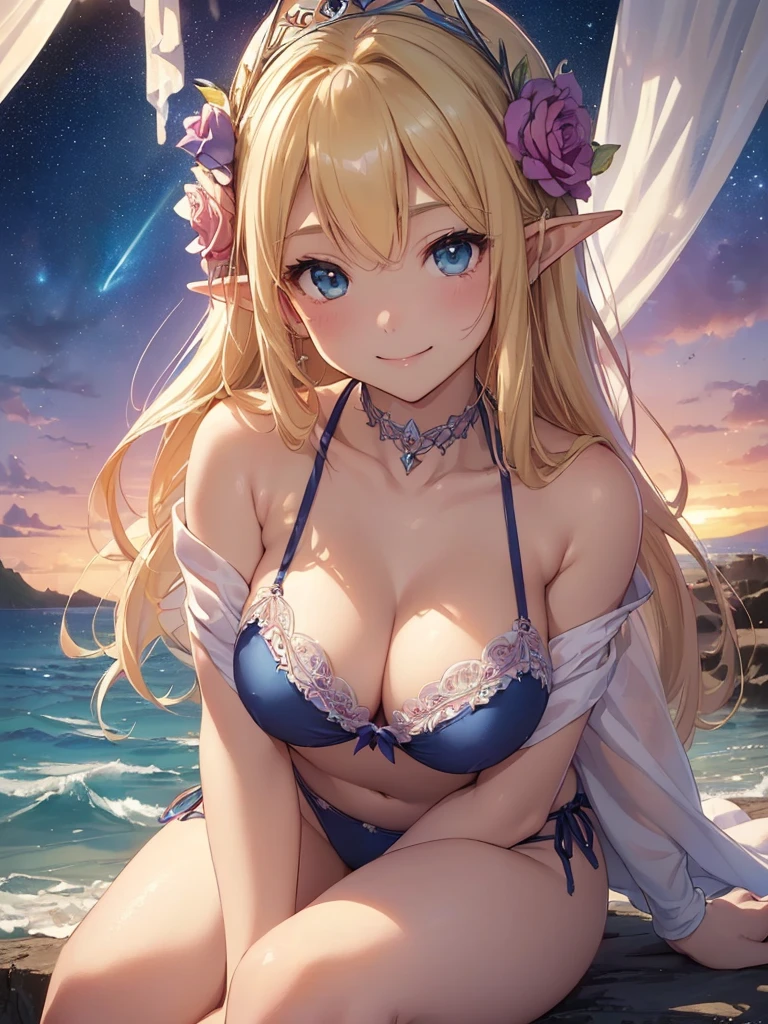 highest quality、Highest image quality、masterpiece、Super beautiful elf beauty((22 years old OL big bust、Bust 98,beautiful long ironed hair、blonde、elf ears、rose flower tiara、bikini、nice buddy、slender、Close-up、Esbian、High quality、beautiful art、background starry sky、sunset、beautiful sky、beautiful sea、Hawaii、summer、muste piece、visual art、Depth of bounds written、magic hour、magic of light、space knight、sitting、A happy smile、gentle light、、Beautiful legs that are gentle on the skin、、、Number of fingers to achieve precise finger movements、ticker beautiful decorative、elegant、mystical rosa、 beautiful dressy、、、renaissance art、friendly smile、、separate swimwear、bra、panties、UHD、romance、Romantic、ラブromance💕