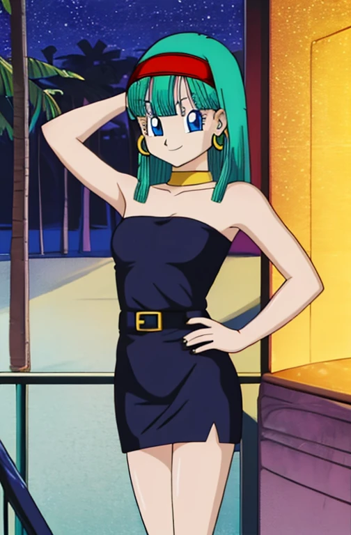 masterpiece, aqua hair, long hair, blue eyes, red hairband, hoop earrings, gold choker, bare shoulders, seductive, 1 girl, solo, strapless tube dress, short black dress, skin-tight dress, sexy poses, Smile, upper body. Standing up, anime screencaps, high quality, night club background, disco lighting.