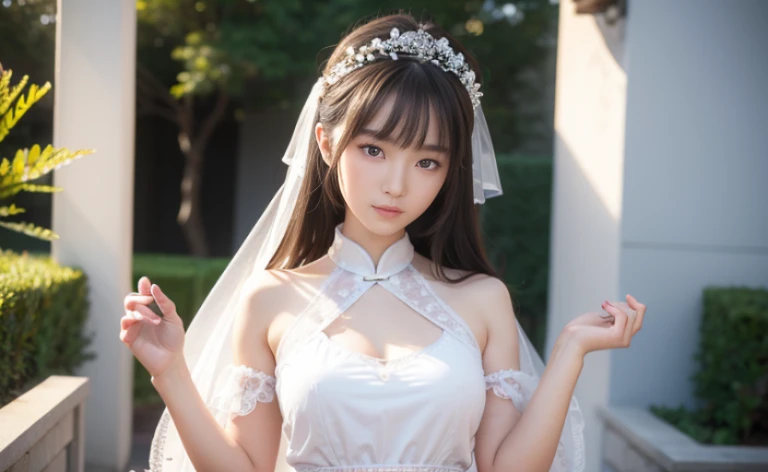 best quality, 8k, Beautiful girl in the garden,Traditional beauty,Young girl,Chinese skirt,Lace top white,Casual skirt, Highly detailed facial and skin textures, delicate eyes, Just one person,Chinese girl,The costumes are detailed and complete,slim body,Natural expressions,Soft light and shadow,The proportions of the characters are reasonable,Normal human eyes,Eyes are delicately drawn,Delicate facial details,Detailed sculpting of upper body,Attention to detail,The texture is delicate,vivid emotional description,meticulous detail。