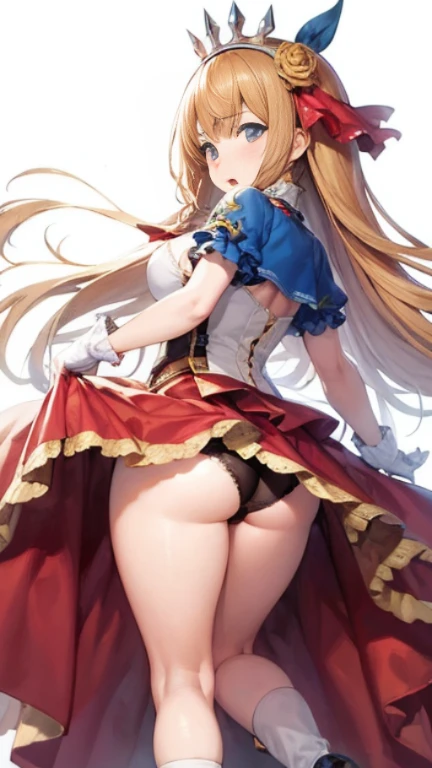 highest quality、one girl,full body figure,big boobs,big ,Perfect five-finger、two perfect legs、two perfect legs、Pecorine、、Pecorine、long hair、shy face、perfect thing、big breasts、detailed description、small details、detailed face、white skin、Voluptuous legs、Skirt flip、lift skirt、White panties、whitepanty、erotic pose、turn around、look back、Pose that emphasizes the buttocks、arm belt, armor, ascot, blue socks, boots, dress, gloves, hair ornament, open clothes, open dress, pauldrons, pleated skirt, puffy short sleeves, puffy sleeves, red ascot, red skirt, short sleeves, shoulder armor, single pauldron, skirt, socks, white dress, white footwear, white gloves,