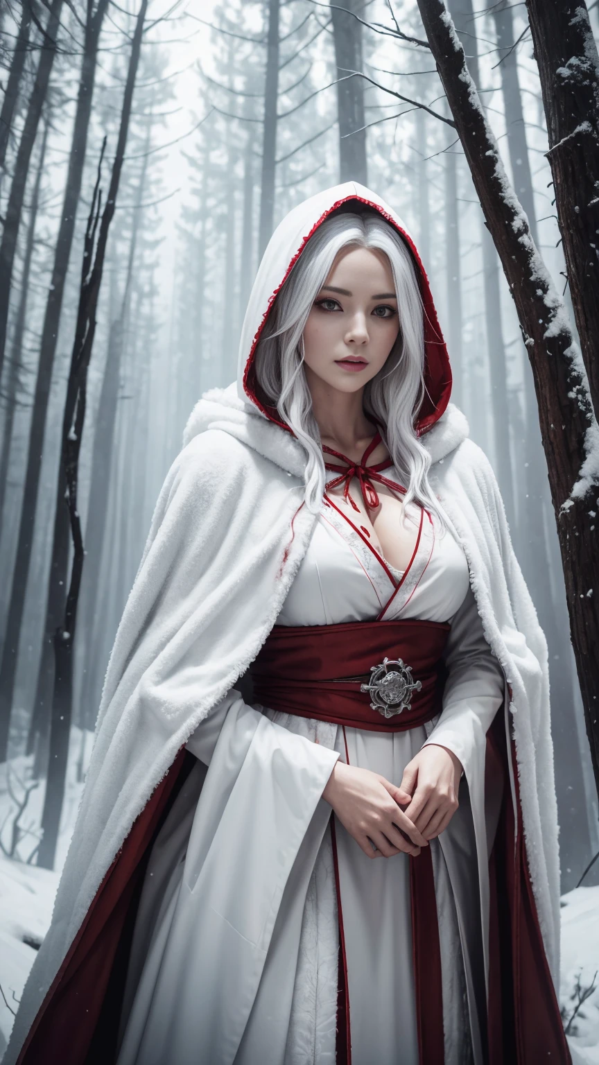 (A Gorgeous 30-Year-Old Female Blood Witch), (White Hair and Spirit-Seeing Red Eyes), (Aged and Blood-Marked Skin), (Red and White Hooded Witch Robe with Fur Cloak), (Mystical Snowy Forest), (Dynamic Pose:1.6), Centered, (Waist-up Shot:1.4), From Front Shot, Insane Details, Intricate Face Detail, Intricate Hand Details, Cinematic Shot and Lighting, Realistic and Vibrant Colors, Masterpiece, Sharp Focus, Ultra Detailed, Incredibly Realistic Environment and Scene, Master Composition