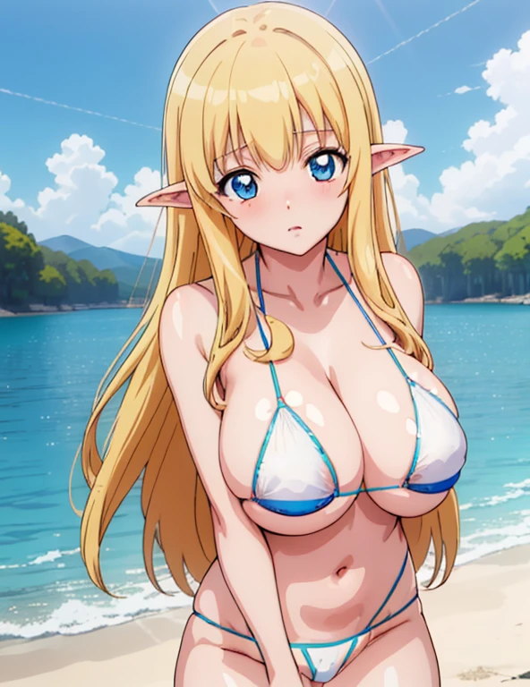 MILF elf, golden hair, long hair, hime cut, string slingshot bikini, J cup breast, thicc thigh, pink areolas,  pussy hair, beach scene, clear view, master piece, 