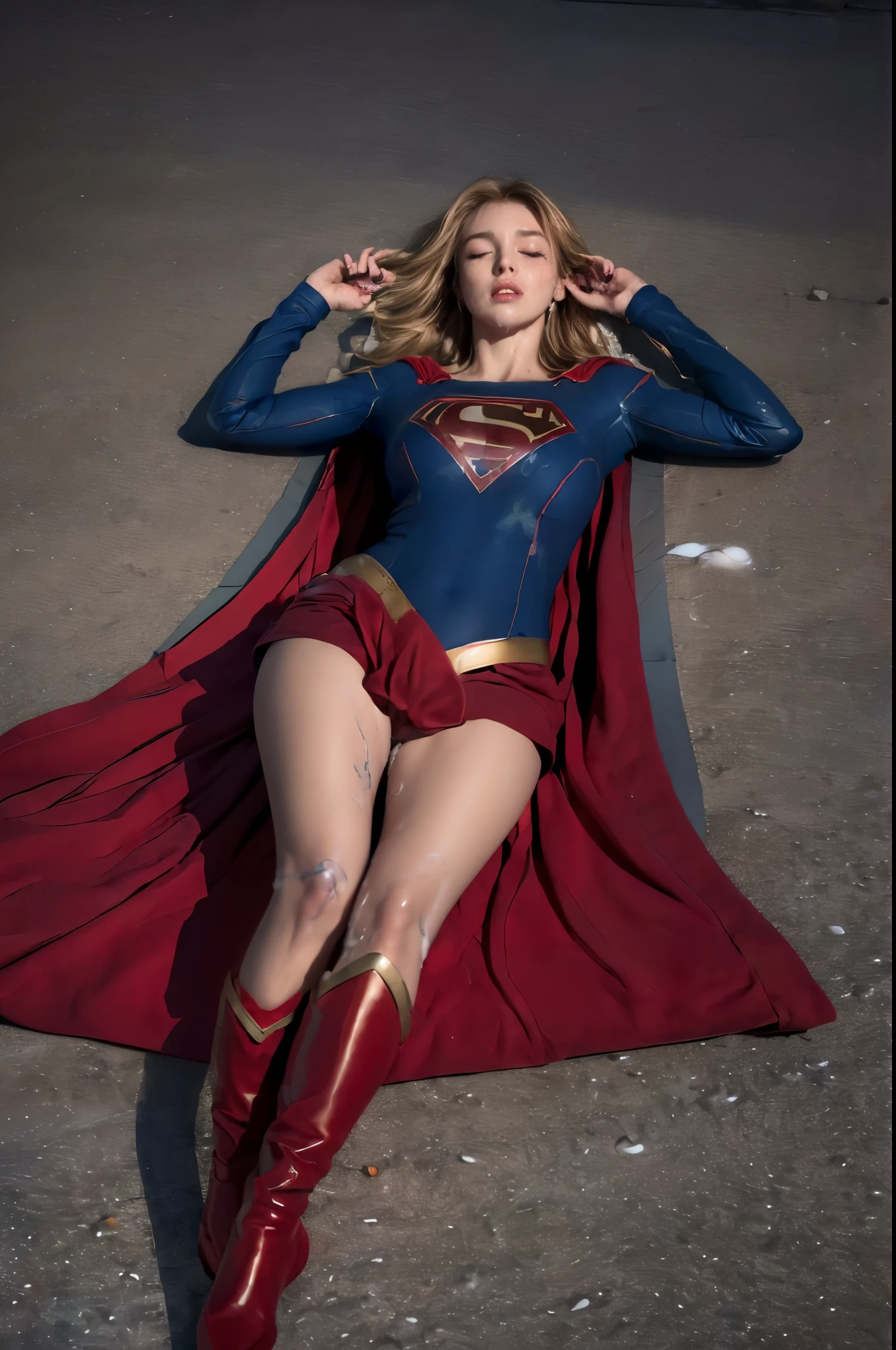 , best quality, real picture, intricate details, ultra-detailed, ultra highres, hyper detailed face, beautiful face, depth field,(photorealistic,realistic:1.2), masterpiece, photo of 1girl, supergirl, superhero, arms on hips, realistic, red cape, bodysuit, red skirt, red boots, pantyhose, blue eyes, blonde hair, lips, long hair, solo, ((lying on back:1.8)), (eyes close:1.9), ((both hands are handcuffed together:1.9), defeated from fighting, (painful:1.4), ((wounded)), ruined city background by lee jeffries, nikon d850, film stock, photograph 4 kodak portra 400 camera f1.6 lens, rich colors, hyper realistic, lifelike texture, dramatic lighting, unreal engine, trending on artstation, cinestill 800, ((whole body)), (semen on thighs:1.6),