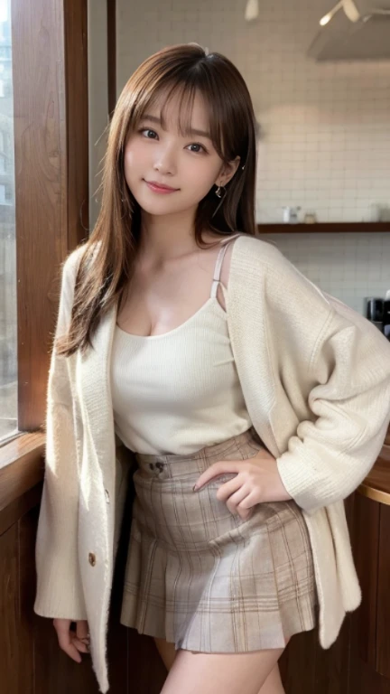 Allard woman in tan sweater and skirt standing on a street corner, bae suzy, Gorgeous young Korean woman, sakimichan, korean women's fashion model, Choi Hyun-hwa, Cardigan, 2 0 2 0 fashion, brown hair, With long hair, ulzzangs, blackpink jennie, Asian girl with long hair, hwang se - on,(((Open-mouthed))),(((teeth))),seductiv ,