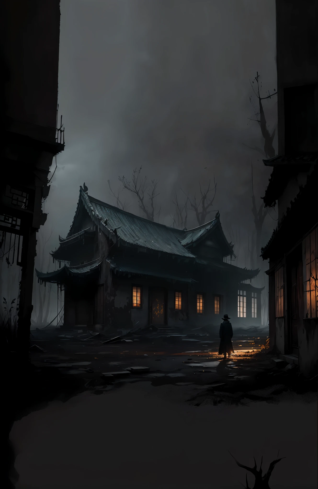 arafed image of a man standing in front of a house, andreas rocha style, dark cinematic concept art, inspired by Andreas Rocha, eerie nostalgic concept art, dark concept art, eerie art style, photorealistic dark concept art, cyberpunk japanese temple, digital painting concept art, inspired by Fenghua Zhong, by Yang J, dramatic lighting. concept art