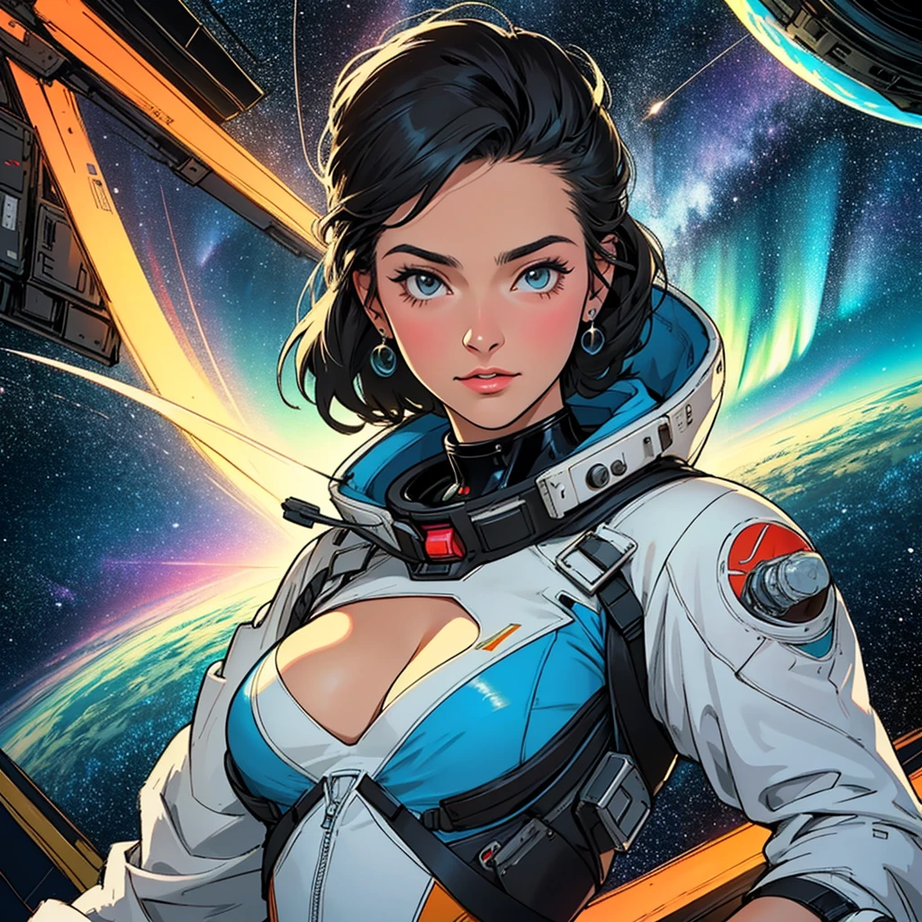 (((32k))),(((highest quality))),(Perfect One Woman),60's,70's,80's,old movie posters,retro,vintage,bauhaus,abstract,Space Thriller Movie Poster,Futuristic,shape,OK,cosmos,galaxy,satellite,mechanical,Geometric pattern,meteor,meteorite,planet,very delicate,宇宙飛OK士,Milky Way,big breasts,cleavage,rainbow,aurora,starry skies,