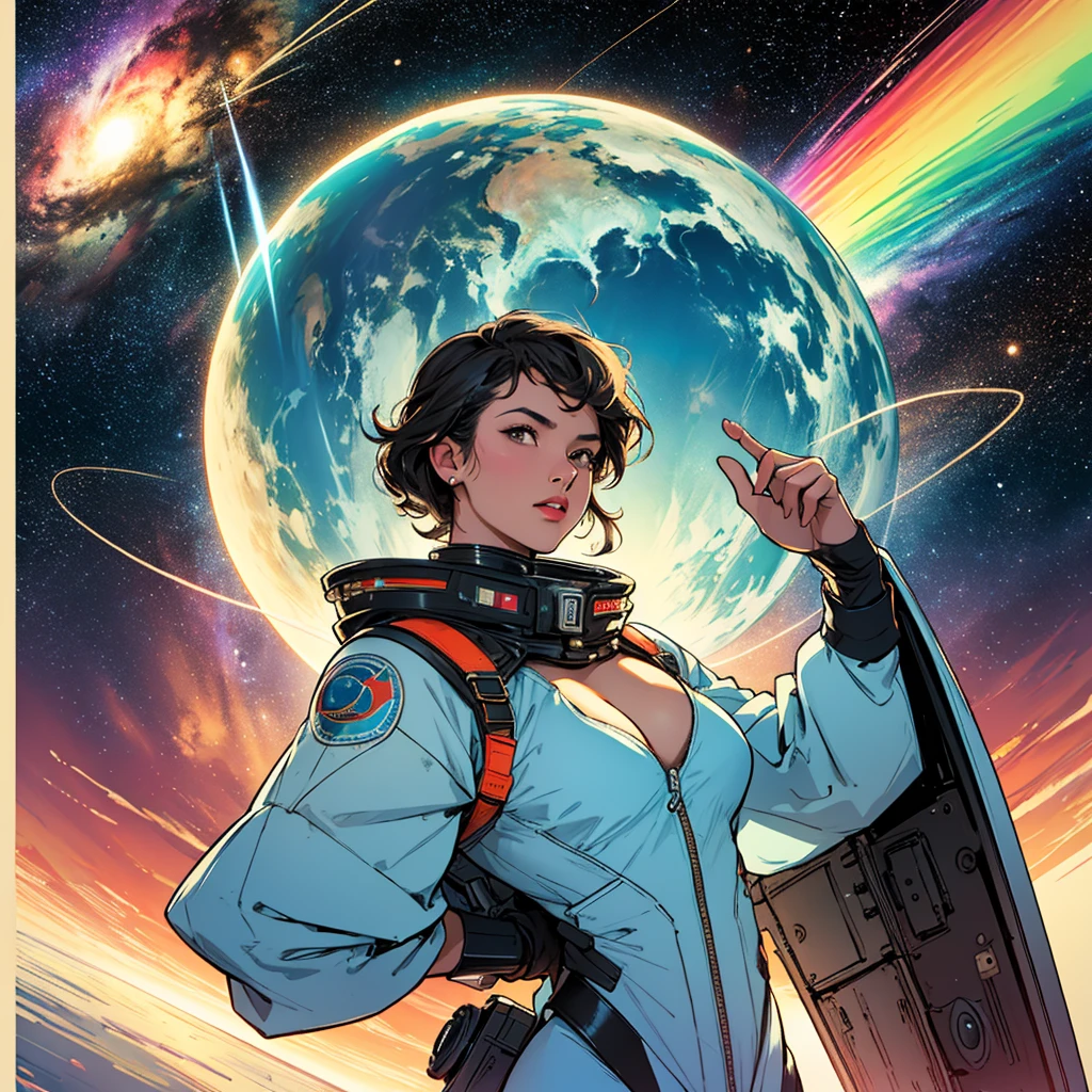 (((32k))),(((highest quality))),(Perfect One Woman),60's,70's,80's,old movie posters,retro,vintage,bauhaus,abstract,Space Thriller Movie Poster,Futuristic,shape,OK,cosmos,galaxy,satellite,mechanical,Geometric pattern,meteor,meteorite,planet,very delicate,宇宙飛OK士,Milky Way,big breasts,cleavage,rainbow,aurora,starry skies,