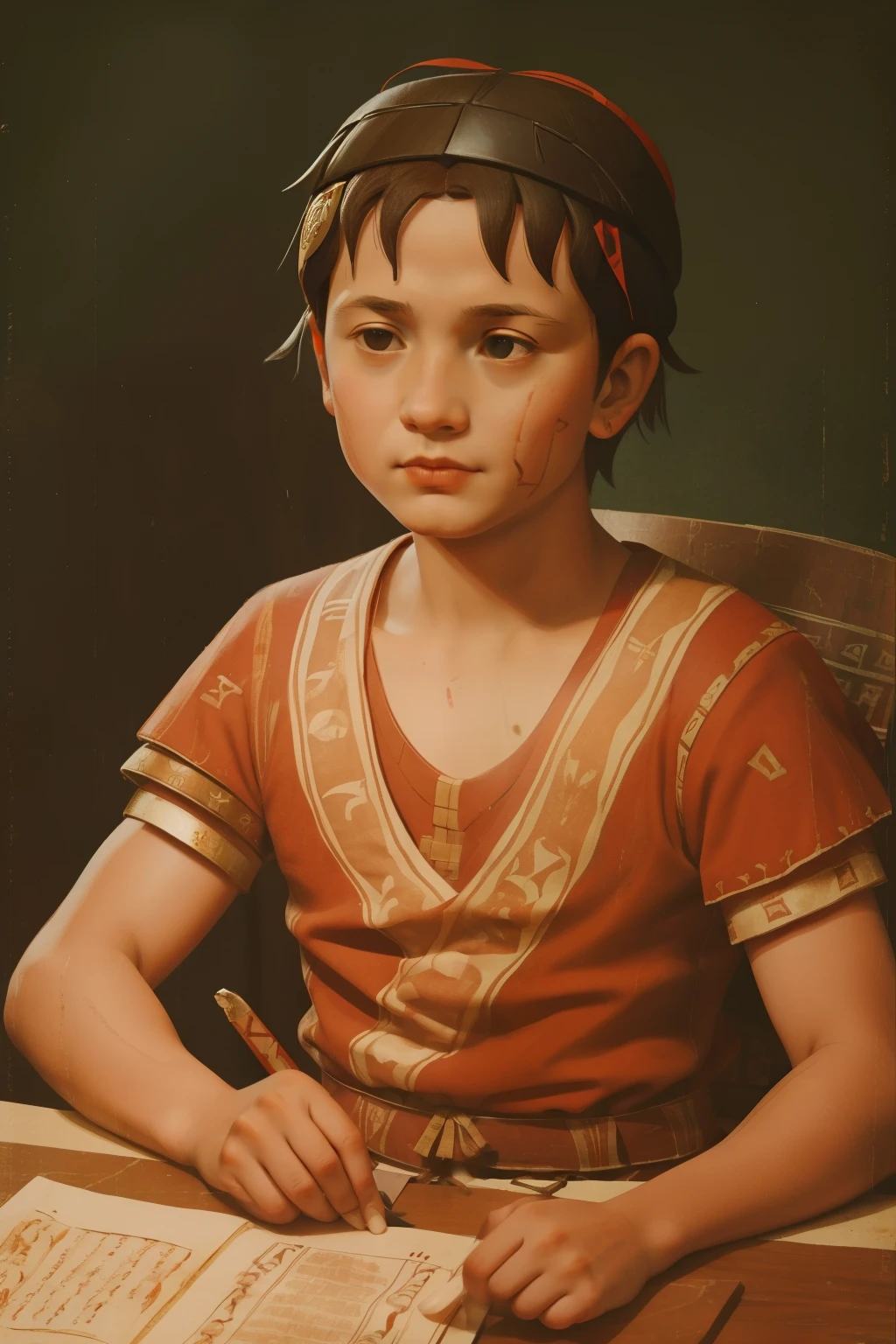 Rome, 77 BC. A little ((((9--old)ulius Caesar)), in a tabern, drinking wine,, ((happy expression)). ((((roman clothings from the 1st century BC))))