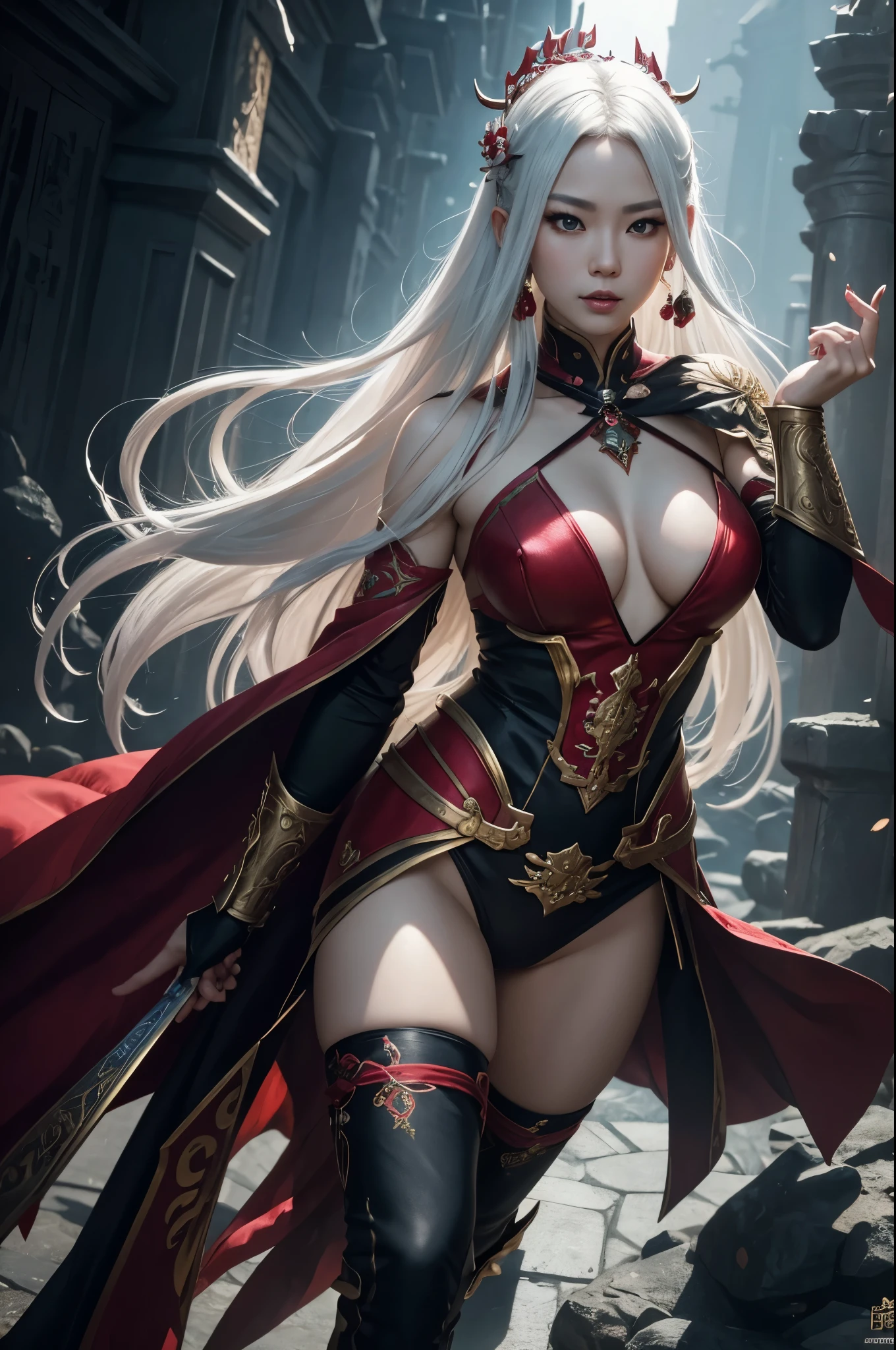 8K,A white-haired Asian empress wearing red and black priestess clothes poses for a photo, japanese god, beautiful fantasy empress, Super beautiful,(lifelike face), long gray hair,golden eyes,Precise 5 finger details,Tattoo on the left chest,hair ornaments,Laugh with your mouth wide open,surreal,skin that looks real,bold personality,Ruan Jia and Artgerm, Highly detailed ArtGerm, 8K high quality detailed art,Inside the labyrinth dungeon,beautiful expression Super high resolution, trending on cgstation, wallop and art germ,muscular slim body,big muscular chest,Muscle Slender Lower Body,Charm,battle scene,battle pose,action scene,action pose,fantasy art,character art,fight with a fan,rich colors, Backlight, cinematic lighting, film grain, born, 50mm lens, Nikon D850,ultra high resolution,Super realistic,Makeup,