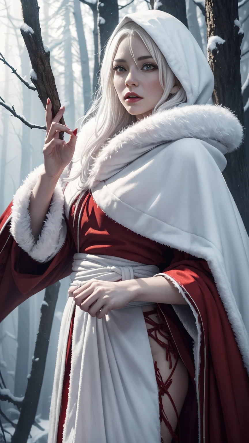 (A Gorgeous 30-Year-Old Female Blood Witch), (White Hair and Spirit-Seeing Red Eyes), (Aged and Blood-Marked Skin), (Red and White Hooded Witch Robe with Fur Cloak), (Mystical Snowy Forest), (Dynamic Pose:1.6), Centered, (Waist-up Shot:1.4), From Front Shot, Insane Details, Intricate Face Detail, Intricate Hand Details, Cinematic Shot and Lighting, Realistic and Vibrant Colors, Masterpiece, Sharp Focus, Ultra Detailed, Incredibly Realistic Environment and Scene, Master Composition