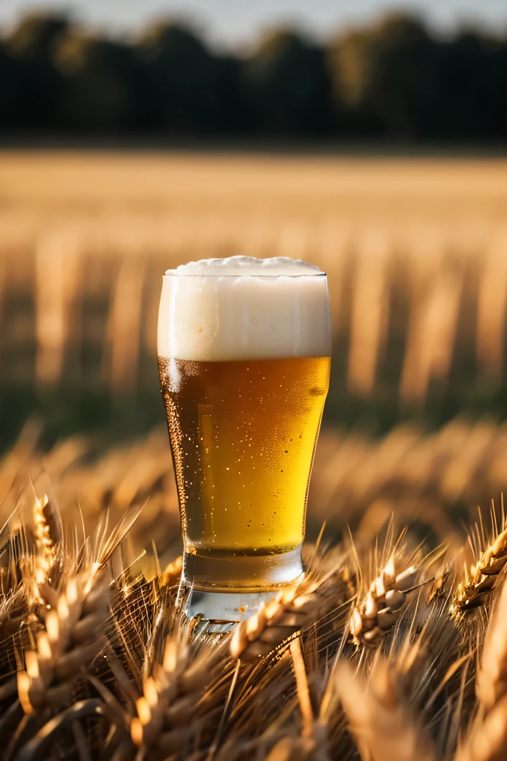three glasses of light beer, wheat lies next to her, Field in the background, professional photo, blur, bokeh effect