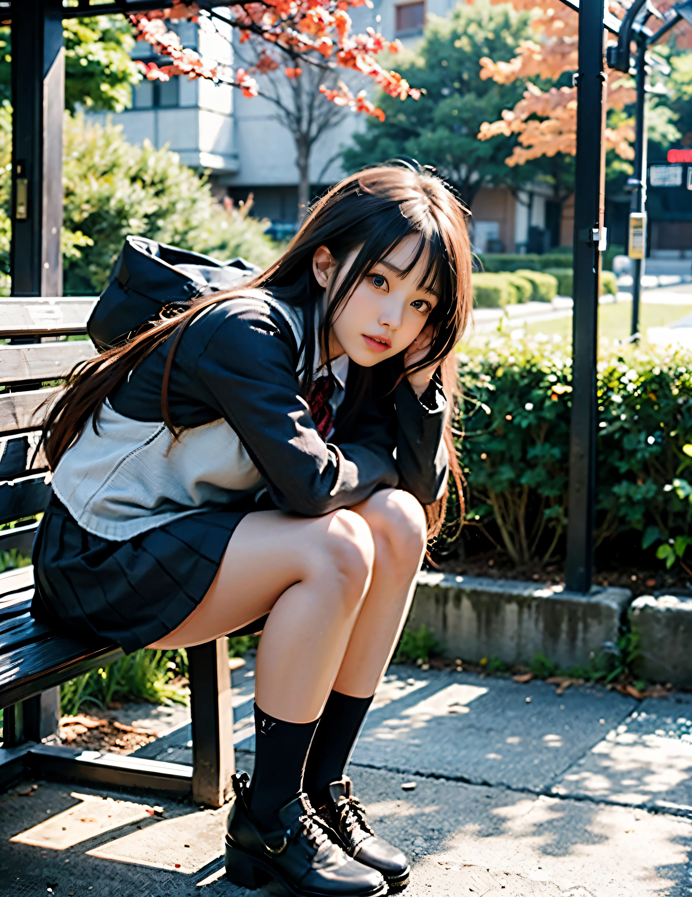 There is a woman sitting cross-legged on a bench, Anime Girls Cosplay, real life anime girls, Gray stockings and skirt, Ayaka cosplay, Beautiful anime high school girl, squatting anime girl, japanese girl , Shooting time 2 0 2 0, Sakimichan Institute of Human Development, a surreal schoolgirl