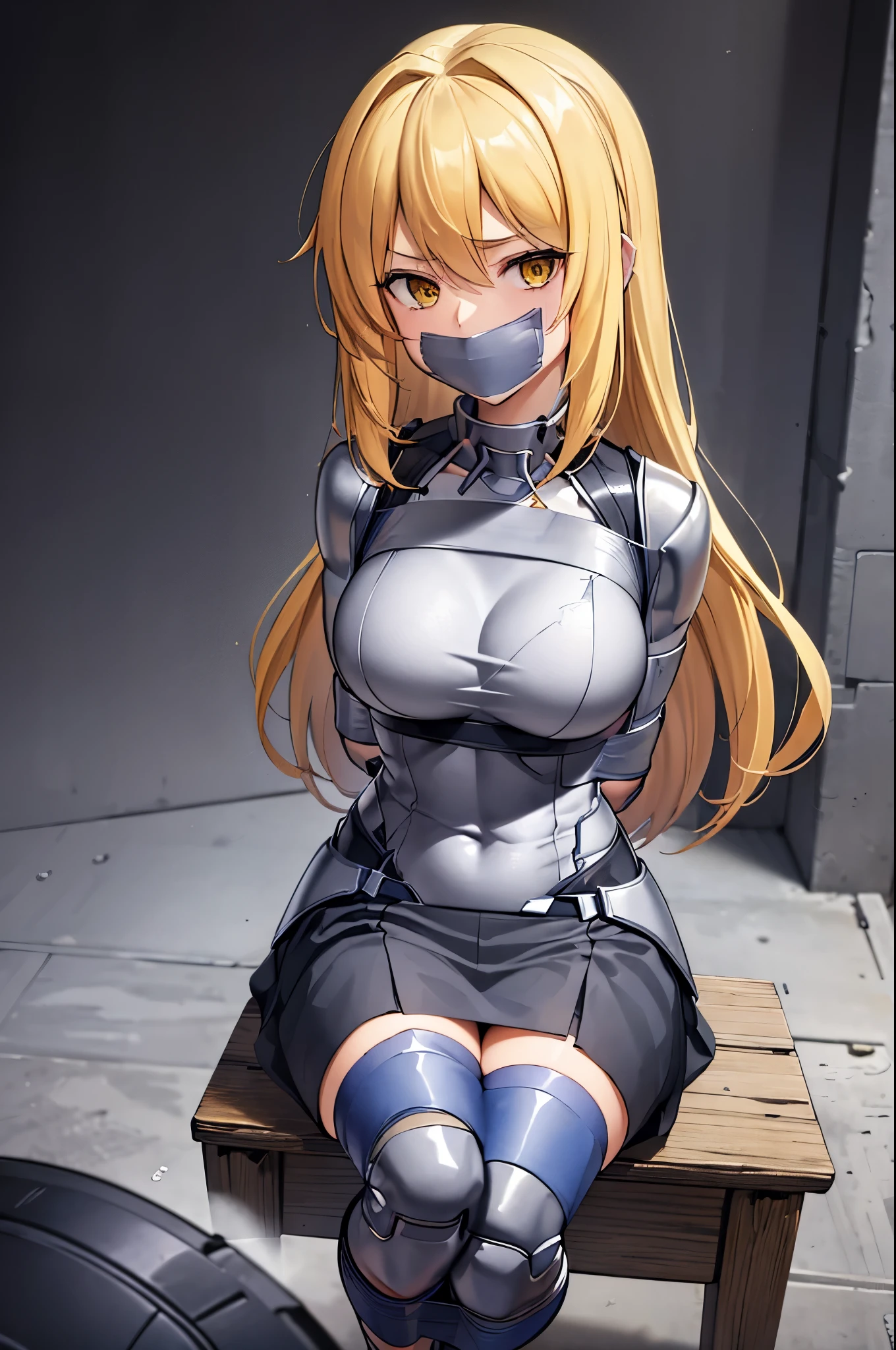 blonde hair,yellow eyes,(absurdres, 8k, 4k, masterpiece, hyper extreme detailed:1.2), solo, 1girl, front view, perfect face, 1girl, portrait, expressive eyes, looking at viewer, solo, standing, Female, toned body, mature female, large breasts, pale, , long hair, swept bangs, athletic body, stoic, windy hair, moving hair, moving clothes, Shorts, black shirt, , Military, battle worn, scars, messy hair, smile, happy, heroic, perfect anatomy, friendly, heroism, blue sky, sun, clouds, muscular, half body, bound, bondage, (arms behind back:1.4), (bdsm, tape gag, tape, tape bondage, restrained, best anatomy, tape wrapped, wrap gag, tightly bound, tape wrapped around face, tape above breasts, tape below breasts, sitting down, tape gag, long hair, tape between breasts, taped forearms, taped elbows, taped abdomen, taped nose, taped between arms, black t-shirt, sleeveless)
