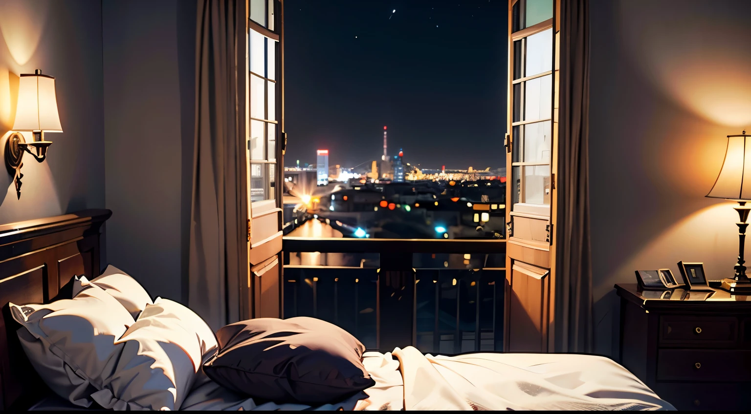 ((masterpiece), best quality, ultra realistic, super detailed, [(raw photo, 8k, ultra high res:1.1)], [nightlight:1.2], good contrast, [(32k:0.6, ultra realistic:0.8)], (bedroom:1.1)), Gray satin bed in the centre, Wide window on the side, City Night view.