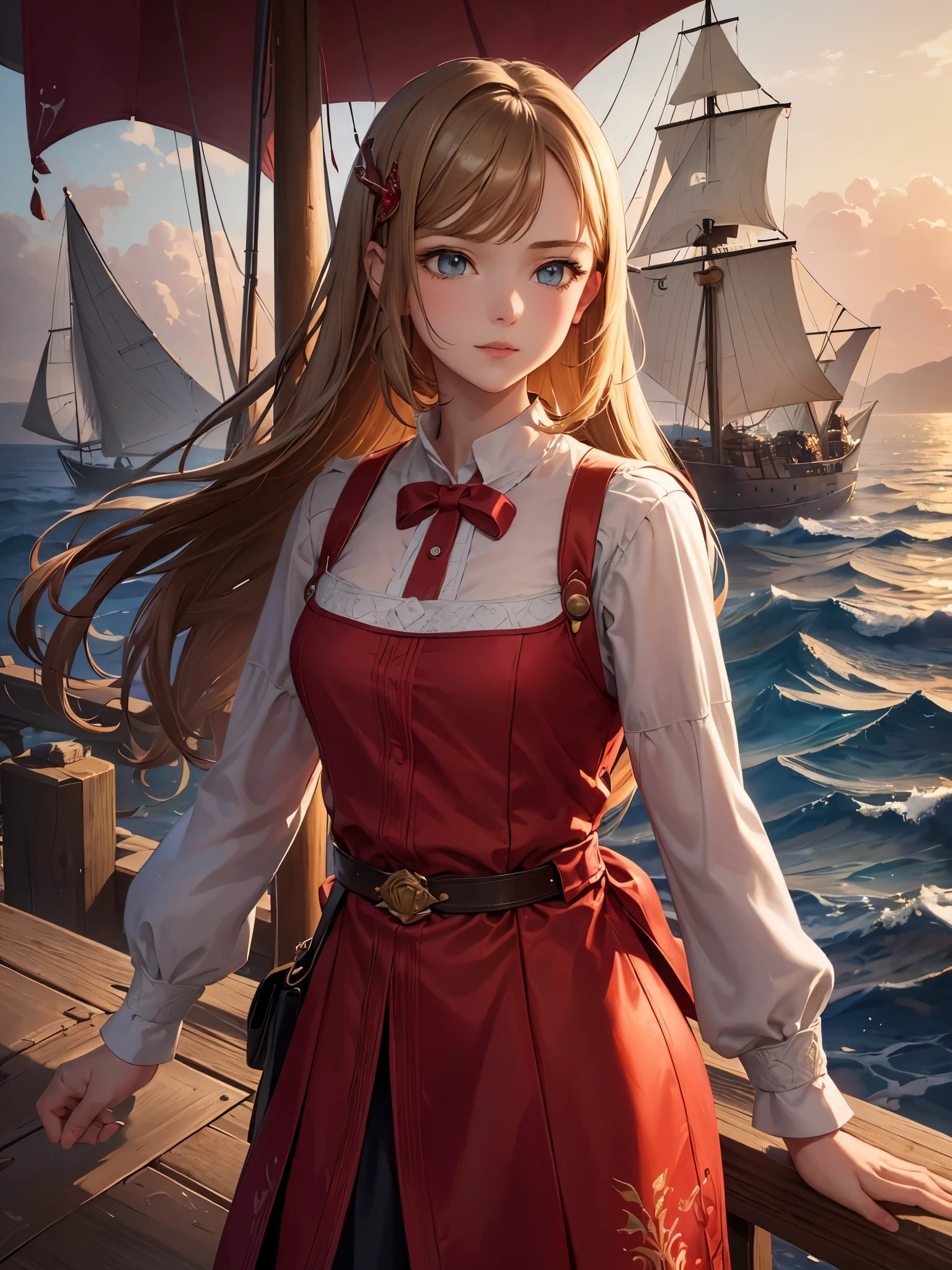 (masterpiece, super high quality, super detailed), landscape, young girl, Assol, scarlet sails, girl looking at the sea from the coast, camera looking at the sea, intricate details, sailing ship with scarlet sails, A scene from a novel by Alexander Greene "scarlet sails"