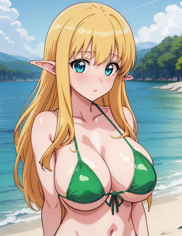 (masterpiece, best quality, high resolution, anime colored, anime screencap, 8k, detailed, photorealistic), (green bikini:1.5), tifania, The Familiar of Zero, blue eyes, blush, elf, long hair, pointy ears, blonde hair, large breasts, cleavage, (from the front), (upper body:1.5), sit, looking at view, sunshine, lake,