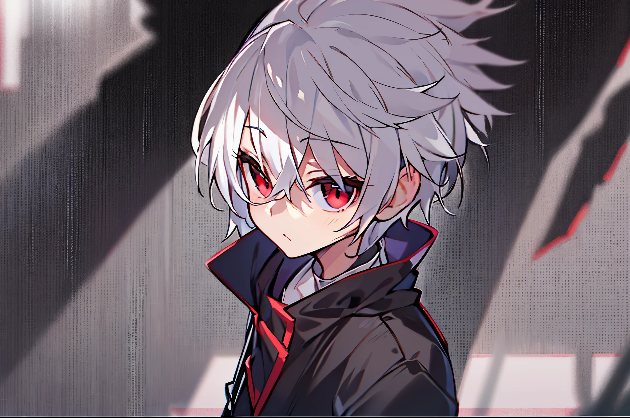 hight resolution,Anime boy with white hair and red eyes staring at camera, red eyes,slim, dressed in a black outfit,Shadow Body,Brown skin,monochromes,hair messy,Diagonal angle、笑み
