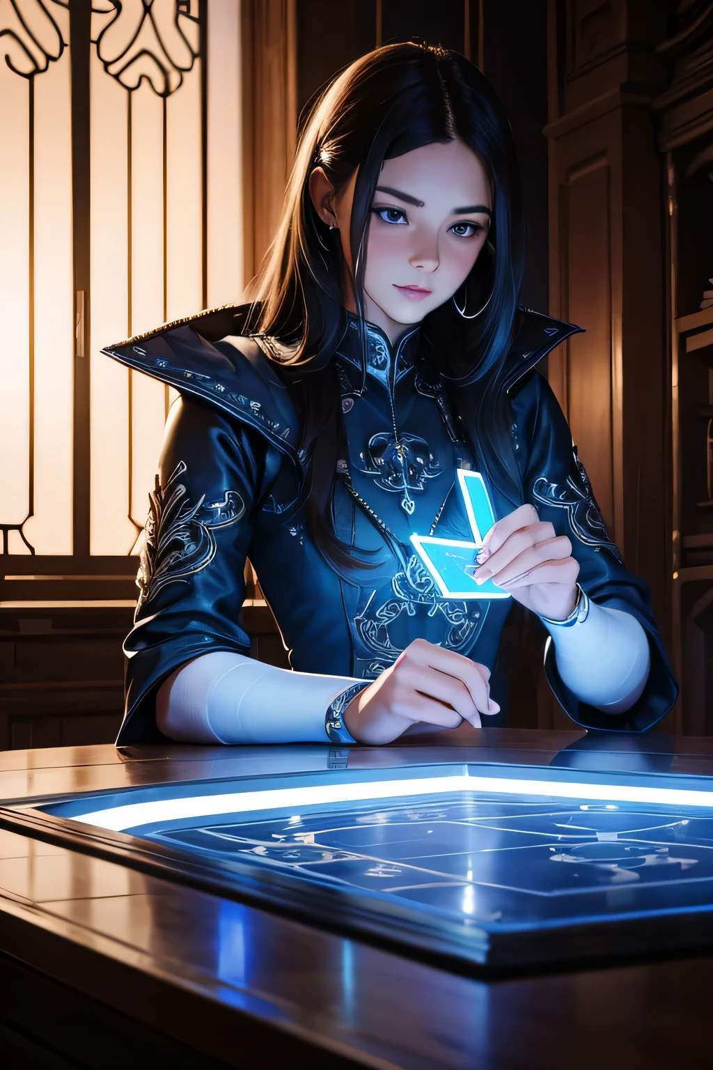 a line of many playing cards in mountain rock and blue neon, conrtneo, intricate details (vertically floating: 1,2) on a smooth white mirror surface, reflections, volumetric lighting, 8k uhd, ultra-sharp, ultra-detailed