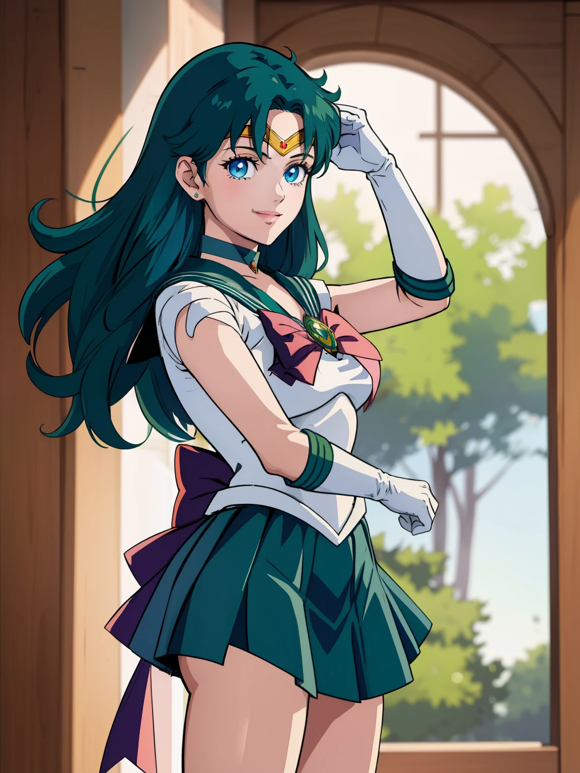 fembyleth, blue hair, blue eyes, sailor senshi uniform, deep green skirt, elbow gloves, tiara, deep green sailor collar, red bow, deep green choker, white gloves, jewelry, smile