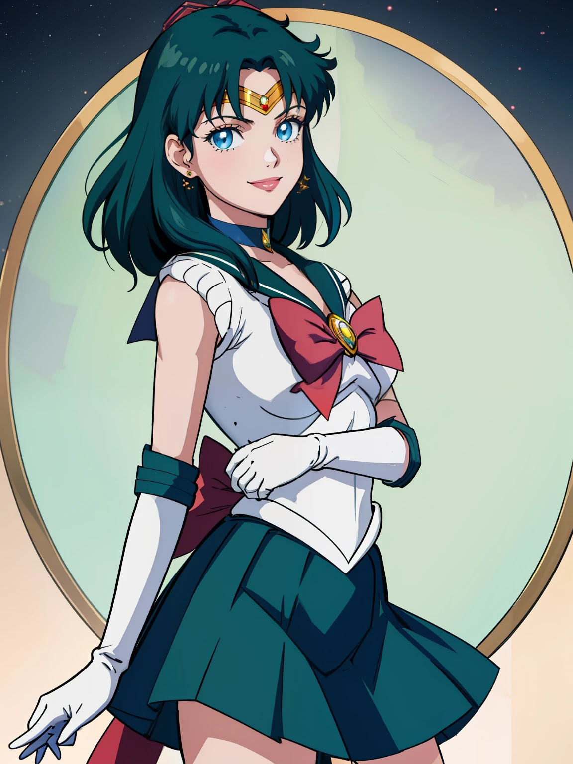 fembyleth, blue hair, blue eyes, sailor senshi uniform, deep green skirt, elbow gloves, tiara, deep green sailor collar, red bow, deep green choker, white gloves, jewelry, smile