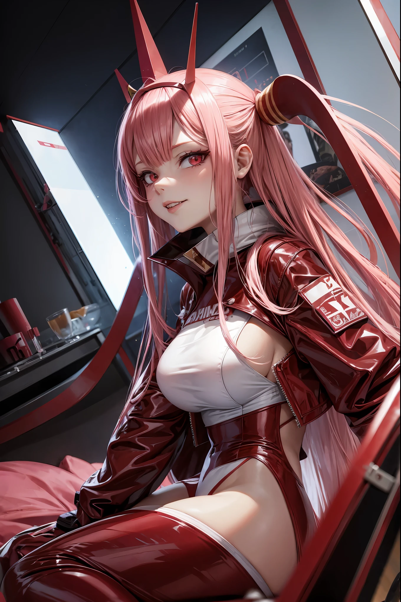 Zero two, pink hair, red horns, smug expression, red latex, bedroom,