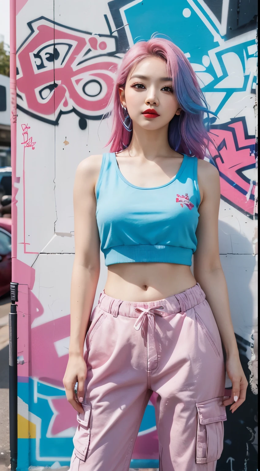 best quality, Clarity, 4k, 8k, detail, actual, Beautiful Girl, Korean makeup, Red lips, pink and blue hair, Perfect body, thigh, stand, pose standing, medium chest, Graffiti tank top, Pink and Blue Cargo Box Pants, Solid graffiti wall background, Graffiti art,