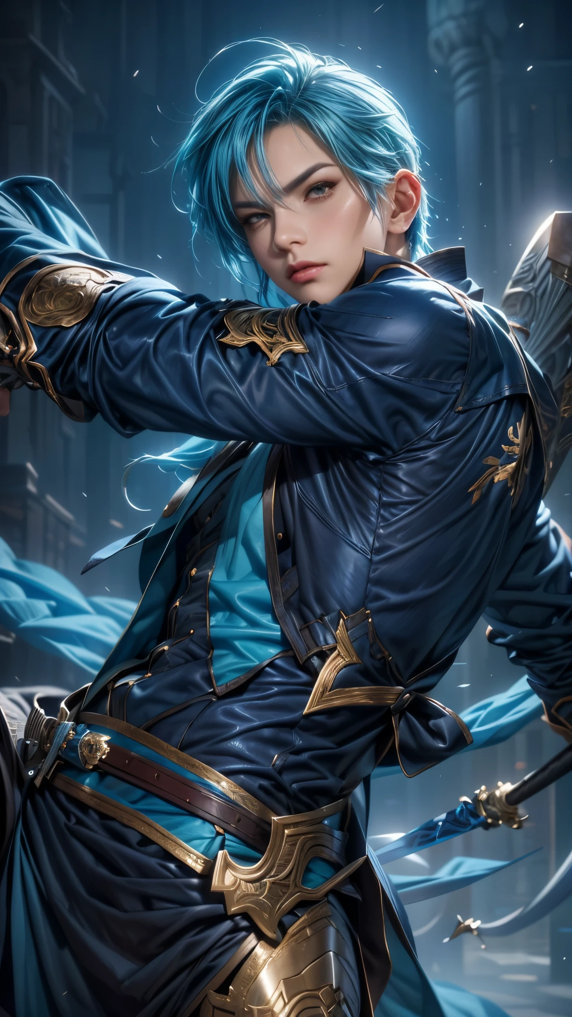 style image of a man with blue hair and a sword, extremely detailed artgerm, artgerm detailed, ig model | artgerm, ashe, style artgerm, artgerm. high detail, artgerm jsc, riven, ! dream artgerm, style of artgerm, trending artgerm, artgerm style