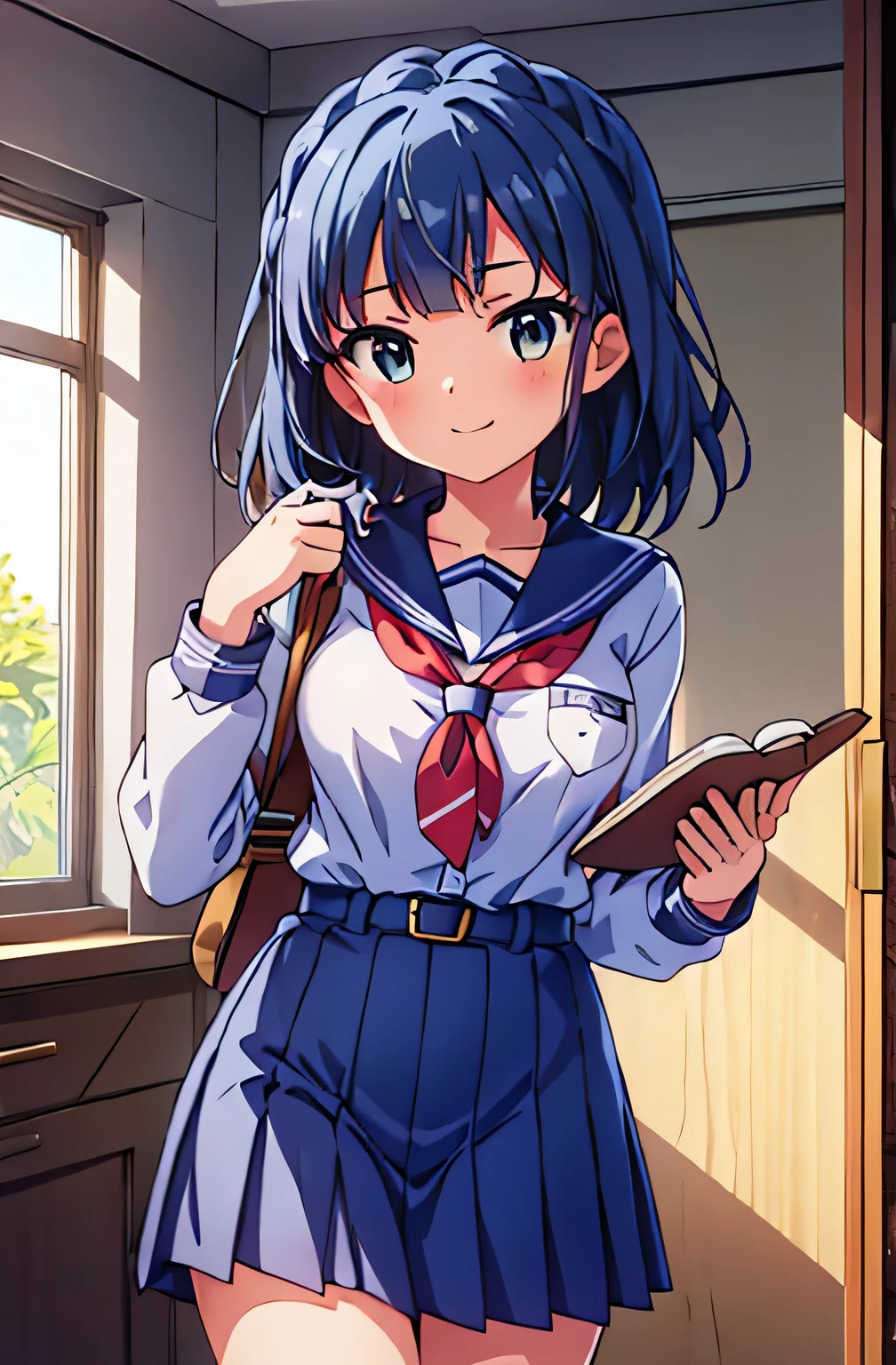 middle School girls, 15 year old girl, Holding a book, sailor suit, navy pleated skirt, small chest, inside the office, frontal shot , From the middle, looking at the viewer, smile