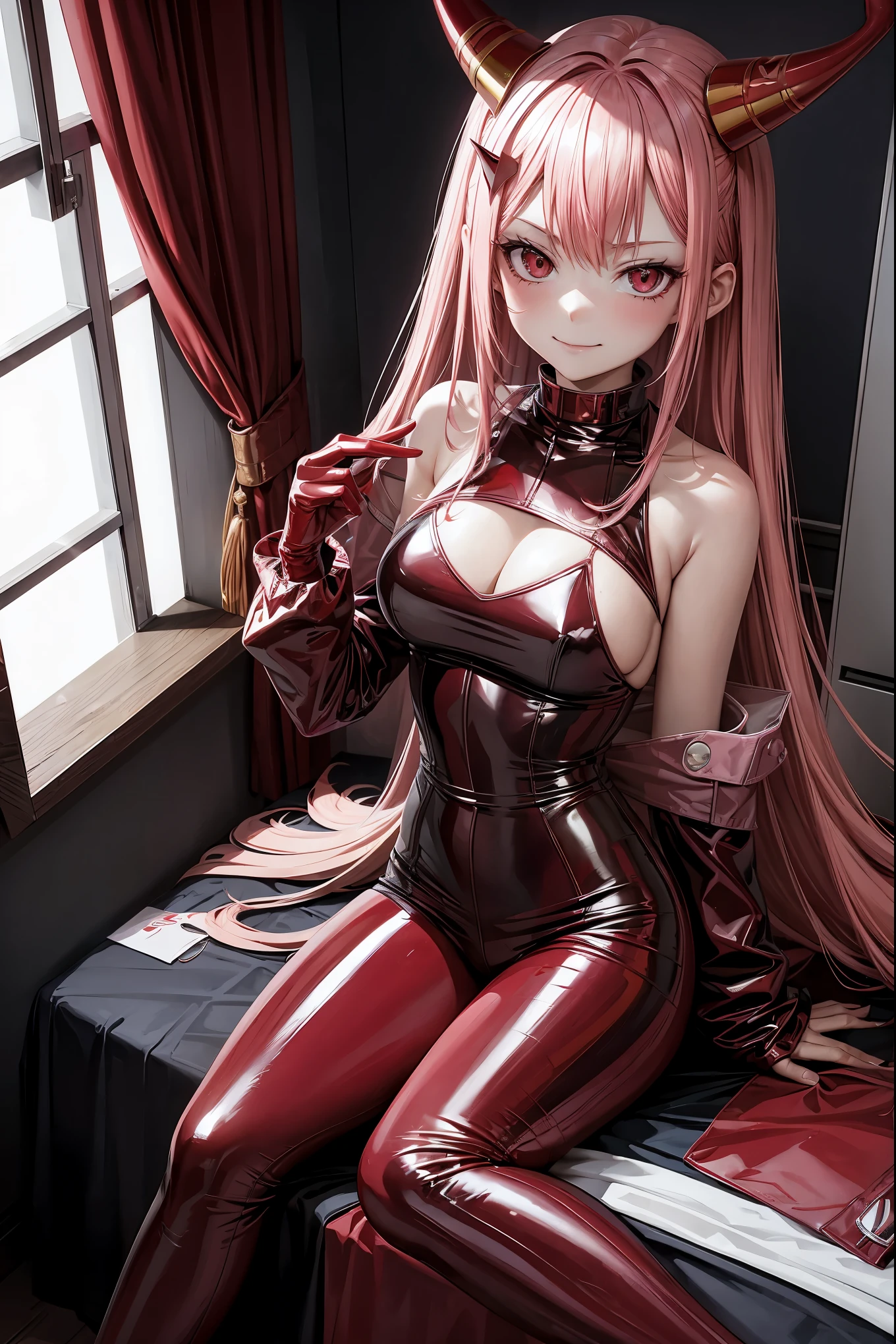 Zero two, pink hair, red horns, smug expression, red latex, bedroom,