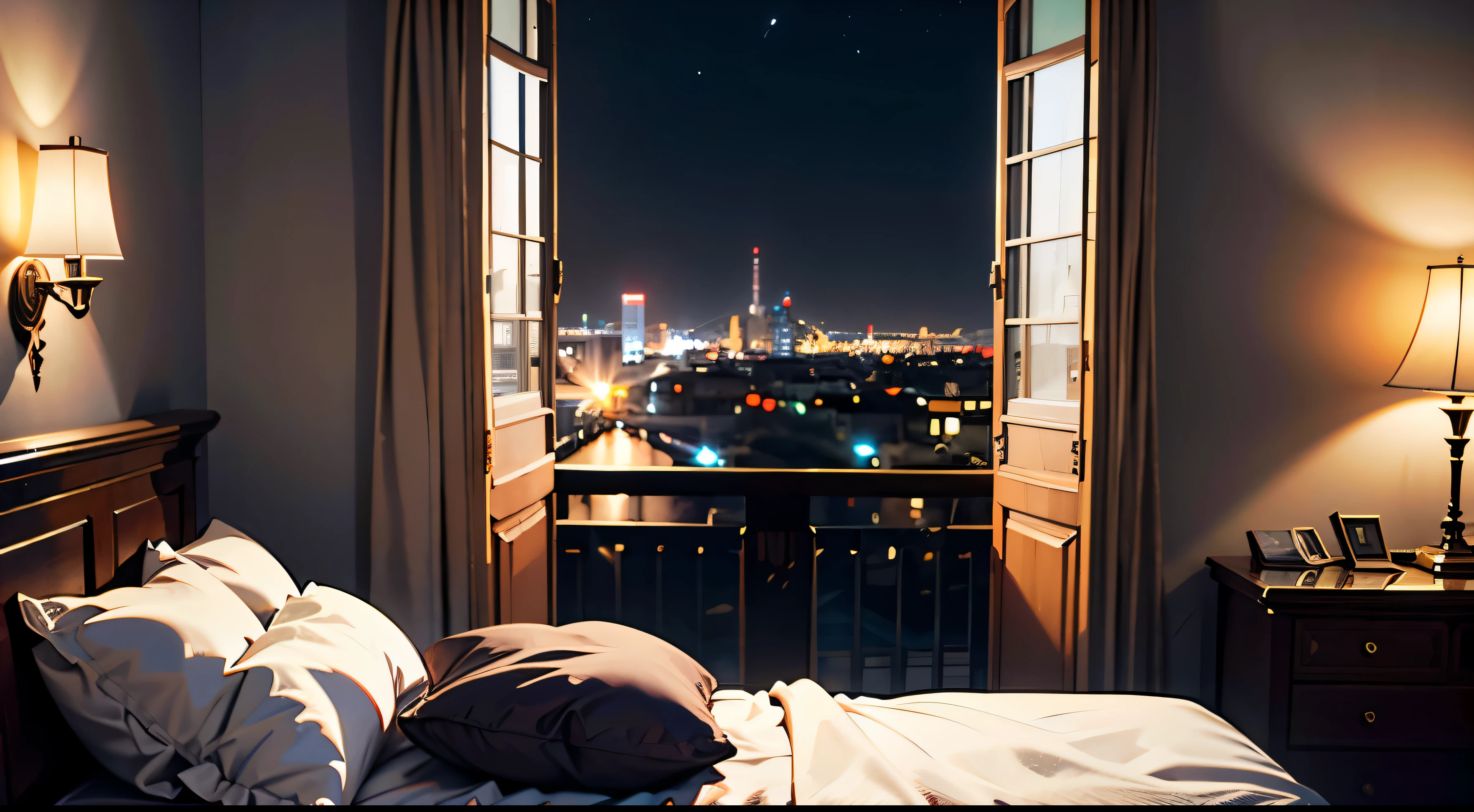 ((masterpiece), best quality, ultra realistic, super detailed, [(raw photo, 8k, ultra high res:1.1)], [nightlight:1.2], good contrast, [(32k:0.6, ultra realistic:0.8)], (bedroom:1.1)), Gray satin bed in the centre, Wide window on the side, City Night view.