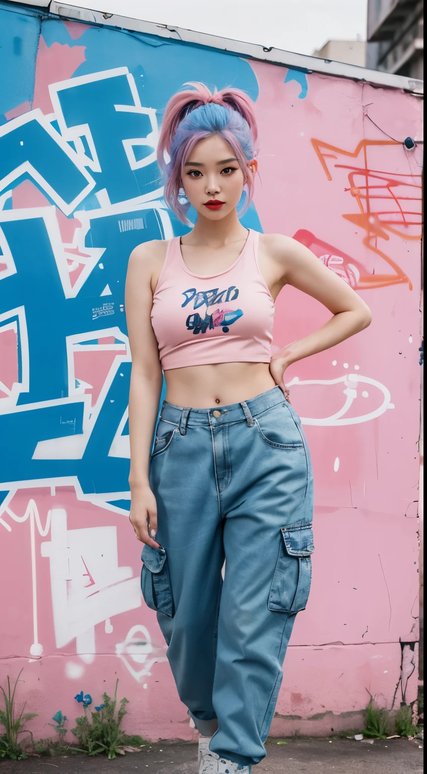 best quality, Clarity, 4k, 8k, detail, actual, Beautiful Girl, Korean makeup, Red lips, pink and blue hair, Perfect body, thigh, stand, pose standing, medium chest, Graffiti tank top, Pink and Blue Cargo Box Pants, Solid graffiti wall background, Graffiti art,