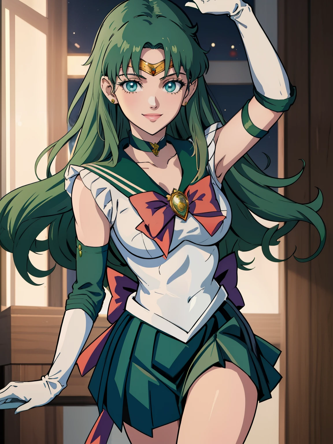 fembyleth, light green hair, blue eyes, sailor senshi uniform, deep green skirt, elbow gloves, tiara, deep green sailor collar, red bow, deep green choker, white gloves, jewelry, smile