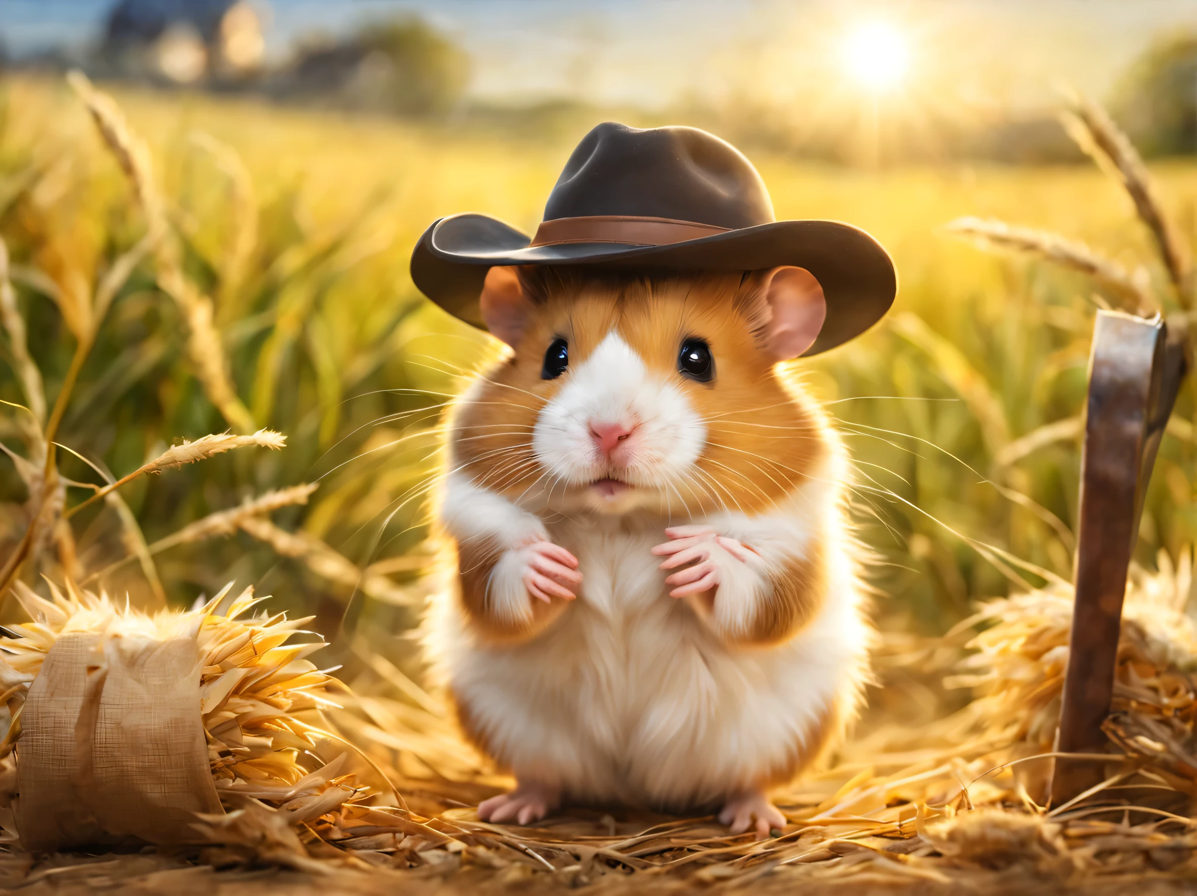 Hamster Farmer,(Hamsters doing farm work),masterpiece,highest quality,Fluffy hamsters,a bit,cute,Futebutesi,fun,Beautiful fur,fluffy fur,straw hat,whole,Farm Management Gadget,Background of the field，anatomically correct,Sunny sunshine,最高にcuteハムスター,fantasy,Photoreal