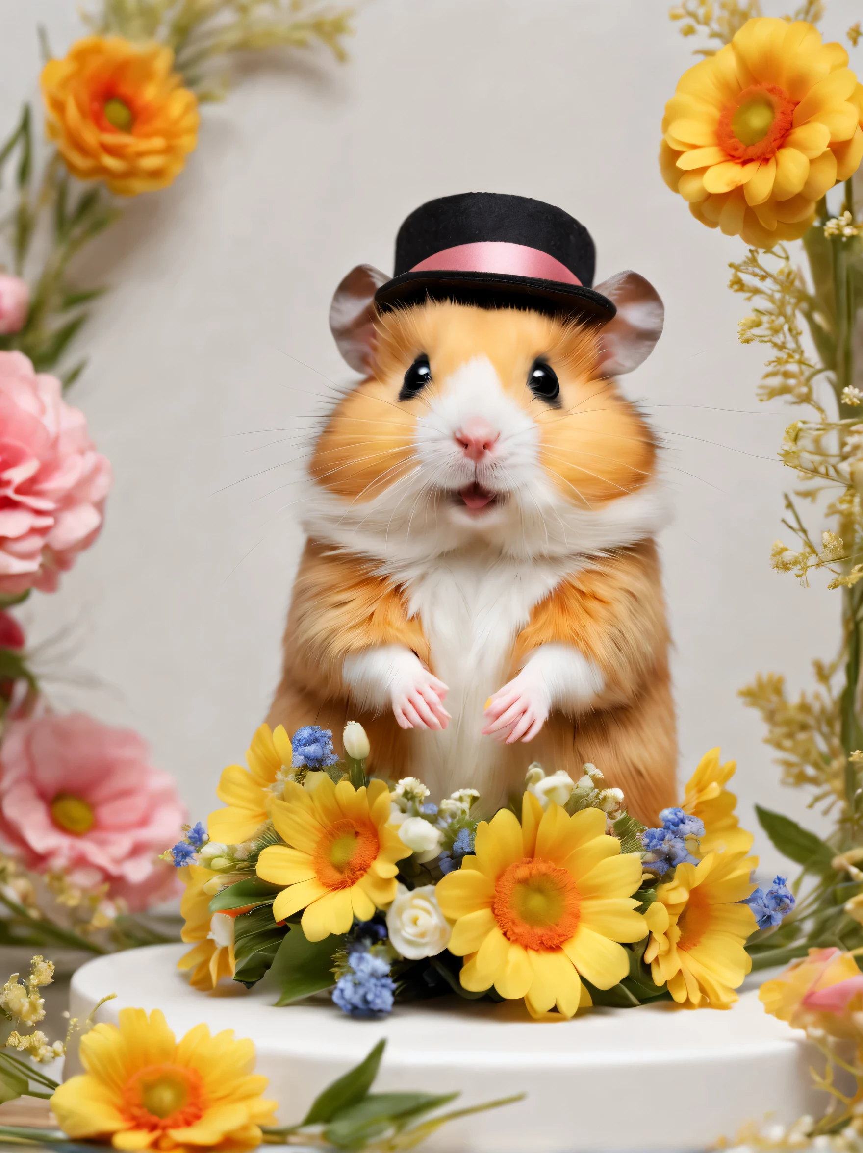 Hamster Engagement,(Hamster with a bouquet of flowers),masterpiece,highest quality,Fluffy hamsters,a bit,cute,Futebutesi,fun,,Hats decorated with flowers,Fashionable scenery,anatomically correct,All the best,photo-realistic,studio lighting