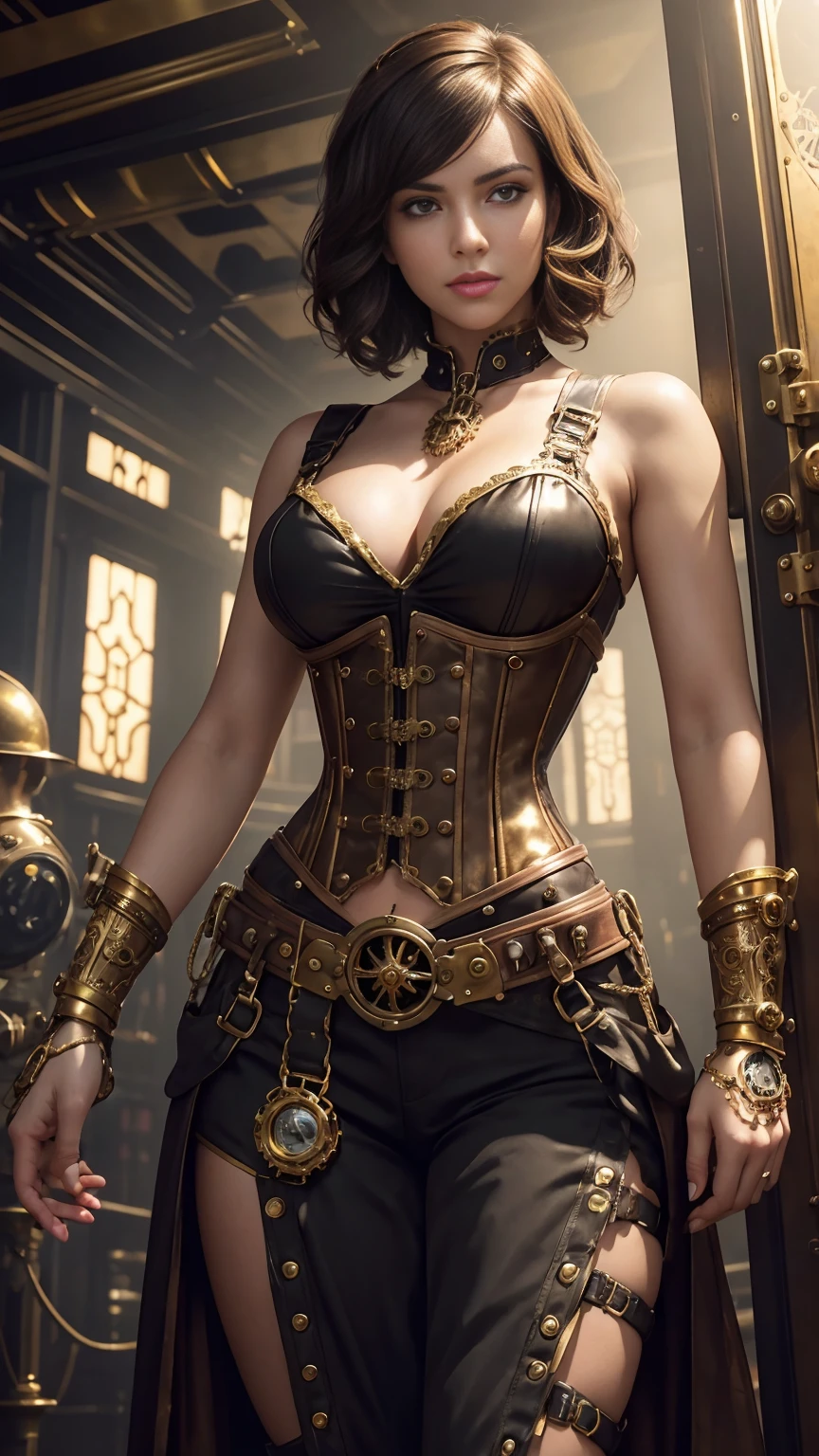 (A Gorgeous 25-Year-Old British Female Mechanic), (Wavy Bobcut Brunette Hair), (Golden Brown Eyes), (Fair Skin), (Wearing Brown and Gold Sleeveless Steampunk-style Outfit with Goggles and Corsets, with Ornate Golden Gears), (Steampunk-style Workshop), (Dynamic Pose:1.6), Centered, (Waist-up Shot:1.4), From Front Shot, Insane Details, Intricate Face Detail, Intricate Hand Details, Cinematic Shot and Lighting, Realistic and Vibrant Colors, Masterpiece, Sharp Focus, Ultra Detailed, Incredibly Realistic Environment and Scene, Master Composition