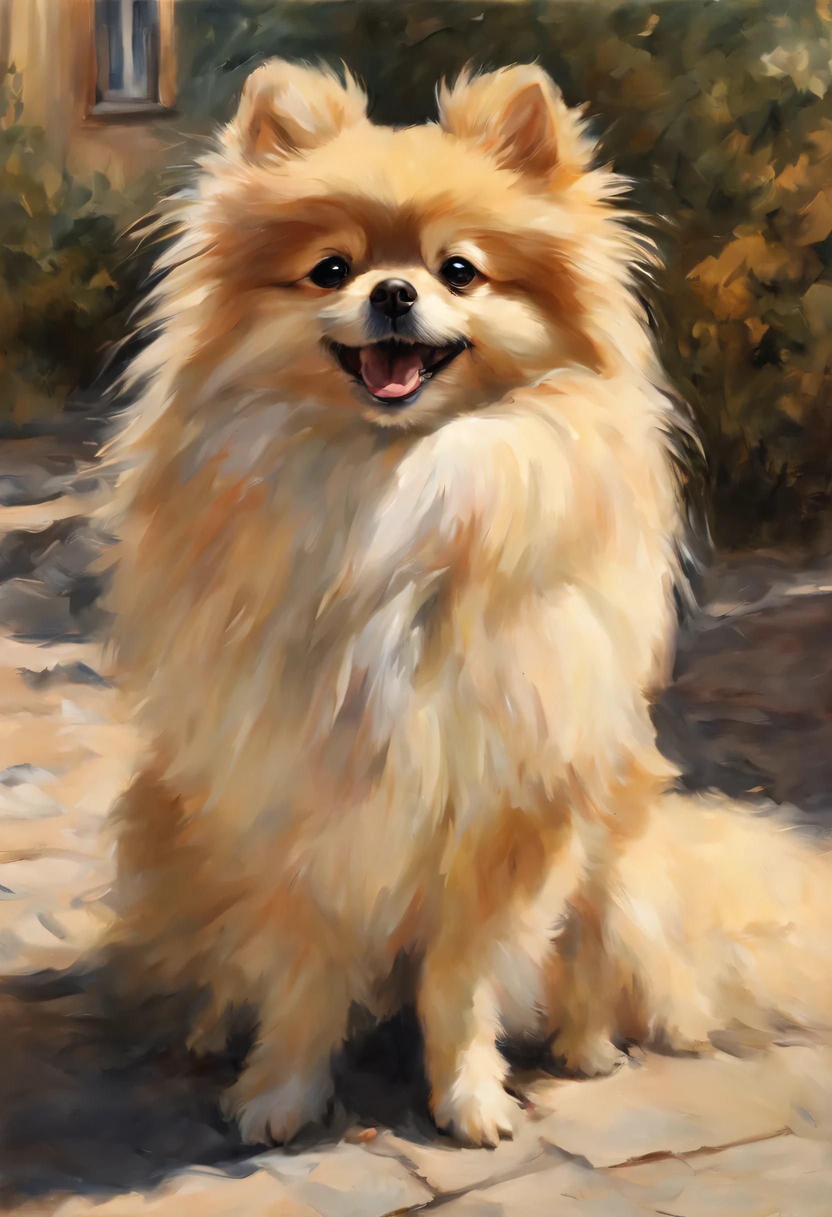 A cute smiling Pomeranian welcomes viewers, Art by Pierre-Auguste Renoir and Jérémie Mann, (Viewpoint angle:1.2), realistic, ray tracing, beautiful lighting,masterpiece