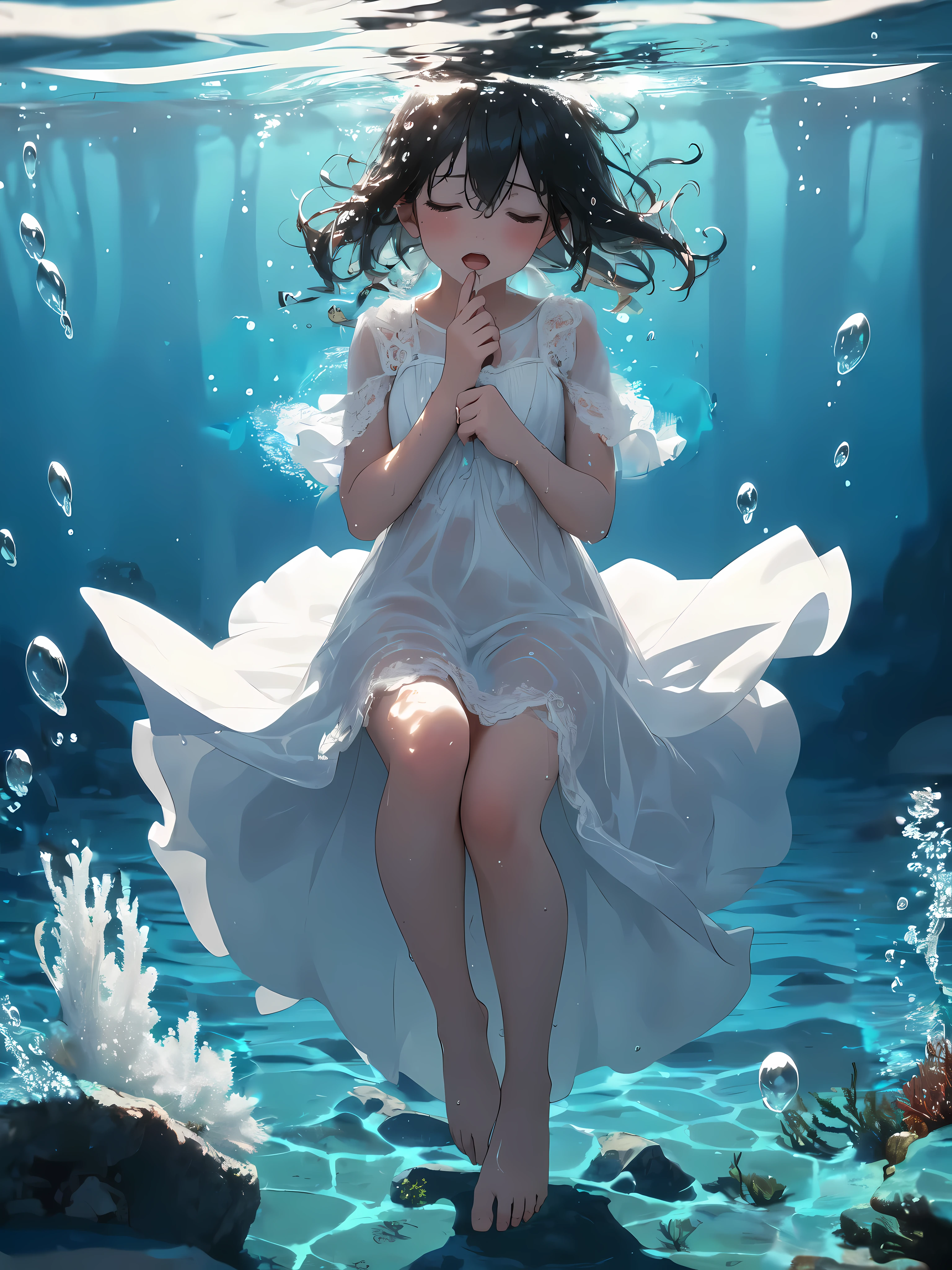 best quality, masterpiece, detailed, chiaroscuro, (atmospheric perspective), (A 7 year old girl: 1.2), (1 girl), alone, barefoot, close eyes, thick hair, Sleepy, textured skin, wear (wet) Textured dress, beauty white silk dress with detailed Lace, (very long clothes), (The hem of the dress covers the ankles), floating wet dress, (transparent), (underwater:1.2), ((floating drowning, 漂浮在underwater, underwater photo, submerge, (drowning))), Many blisters, ((Masturbation)), (8K resolution), (The best decoration, The best wrinkles, best shadow),