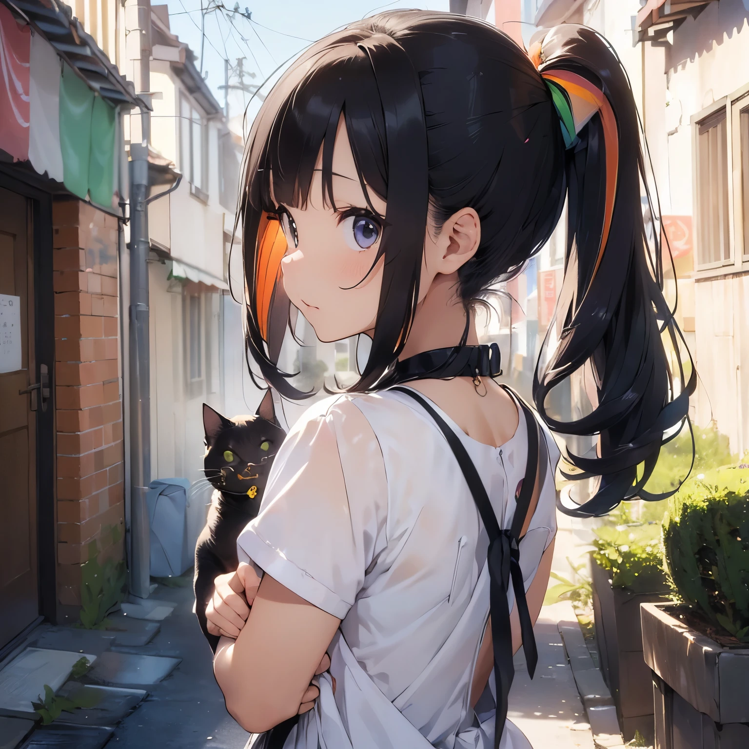 ((Best Quality1.2))、((Masterpiece 1.2))、((fashionable clothes))、((Take a cute cat 1.5))、Black color((rainbow colored hair))、back alley