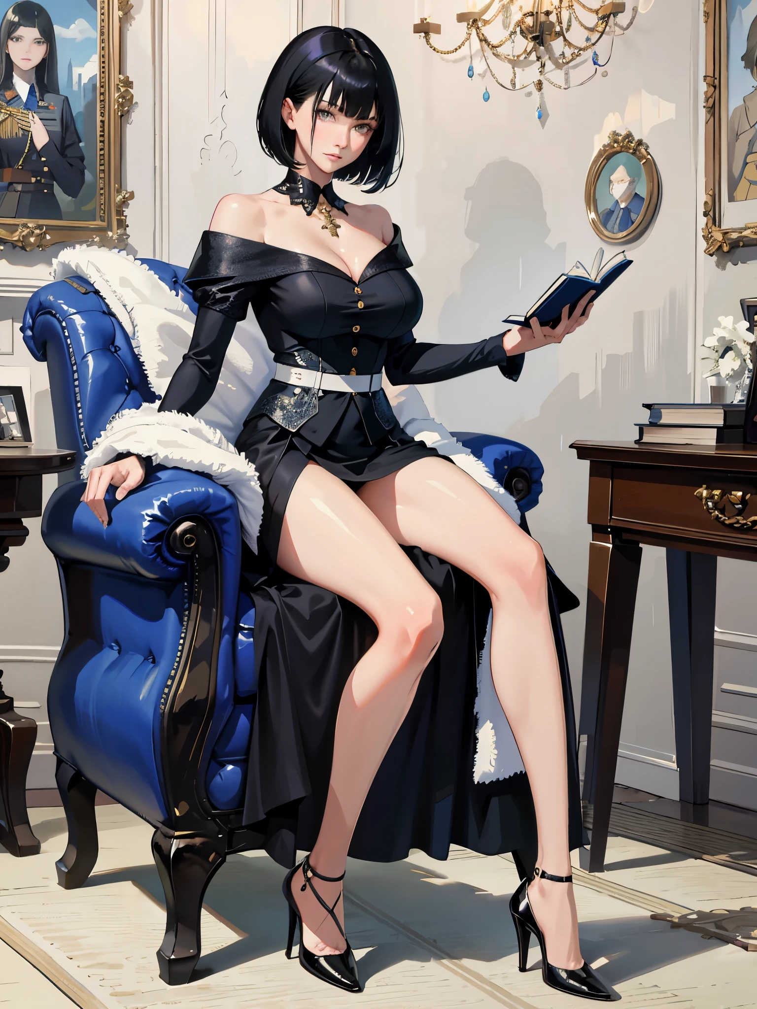(highest resolution, clearly_image), best quality, masterpiece, Very detailed, semi-realistic, woman with short black hair, mature woman, full body portrait, High heel,triple bangs, blue, blue百褶裙, military uniform, Military academy, study, Holding a book
