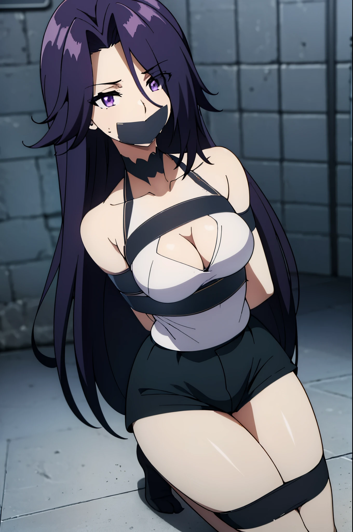 purple hair,purple eyes,(absurdres, 8k, 4k, masterpiece, hyper extreme detailed:1.2), solo, 1girl, front view, perfect face, 1girl, portrait, expressive eyes, looking at viewer, solo, standing, Female, toned body, mature female, large breasts, pale, , long hair, swept bangs, athletic body, stoic, windy hair, moving hair, moving clothes, Shorts, black shirt, , Military, battle worn, scars, messy hair, smile, happy, heroic, perfect anatomy, friendly, heroism, blue sky, sun, clouds, muscular, half body, bound, bondage, (arms behind back:1.4), (bdsm, tape gag, tape, tape bondage, restrained, best anatomy, tape wrapped, wrap gag, tightly bound, tape wrapped around face, tape above breasts, tape below breasts, sitting down, tape gag, long hair, tape between breasts, taped forearms, taped elbows, taped abdomen, taped nose, taped between arms, black t-shirt, sleeveless)
